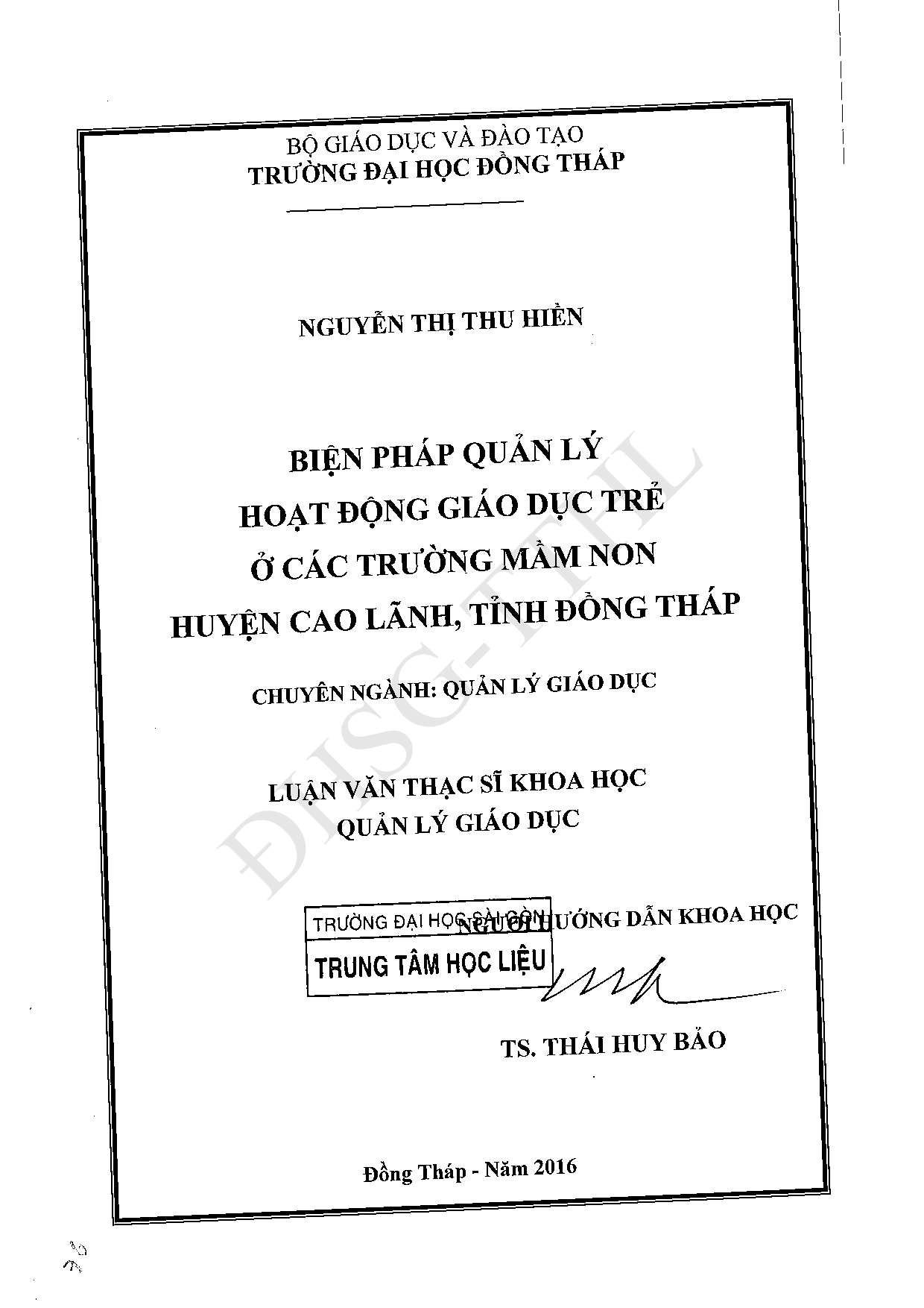 Biện pháp quản lý hoạt động giáo dục trẻ ở các trường mầm non huyện Cao lãnh, tỉnh Đồng Tháp