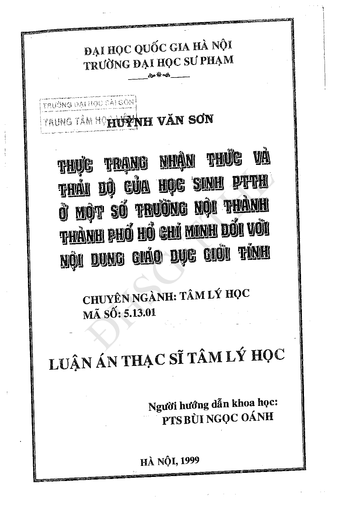 Thực trạng nhận thức và thái độ của học sinh PTTH ở một số trường nội thành Thành phố Hồ Chí Minh đối với nội dung giáo dục giới tính