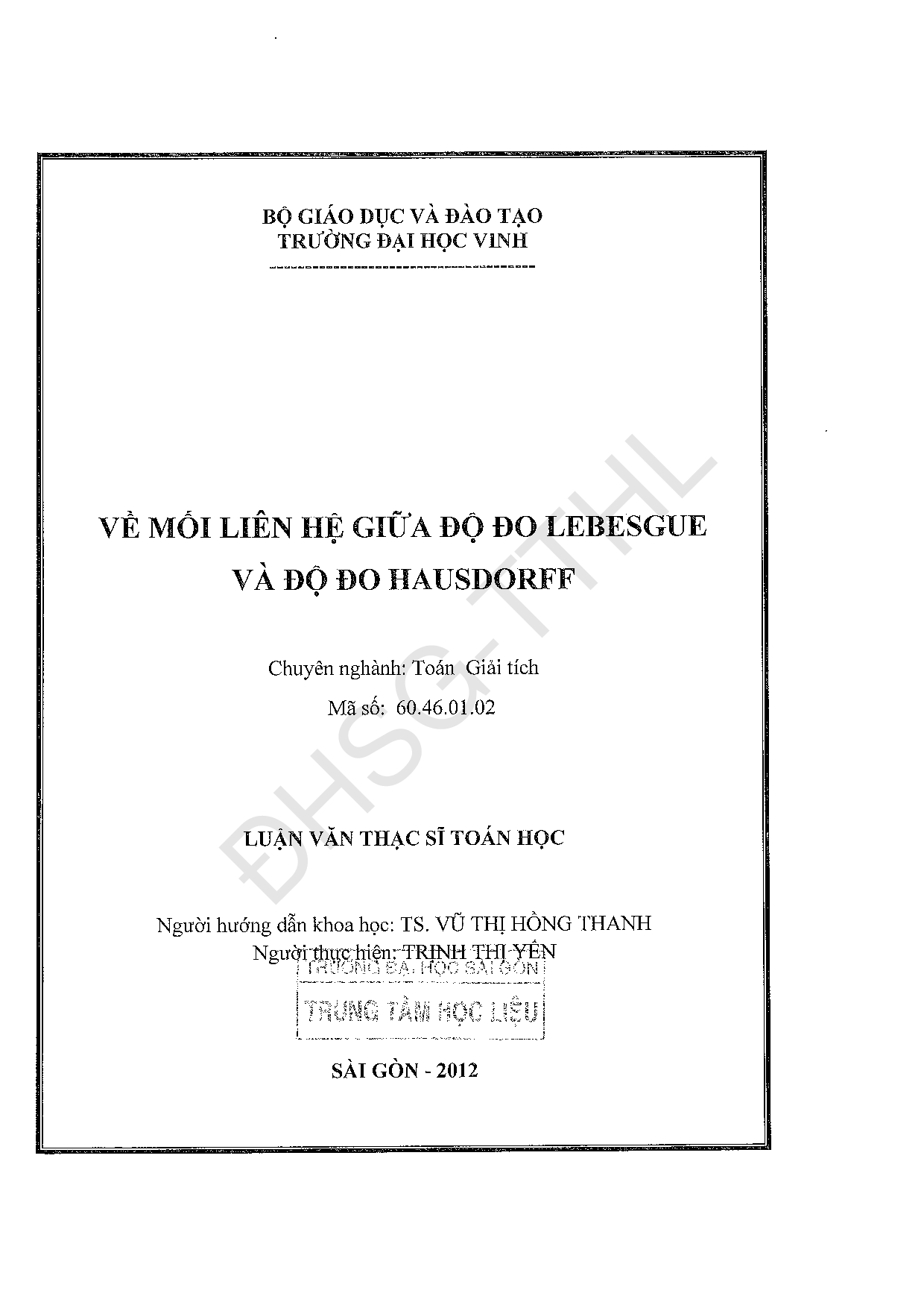 Về mối liên hệ giữa độ đo Lebesgue và độ đo Hausdorff