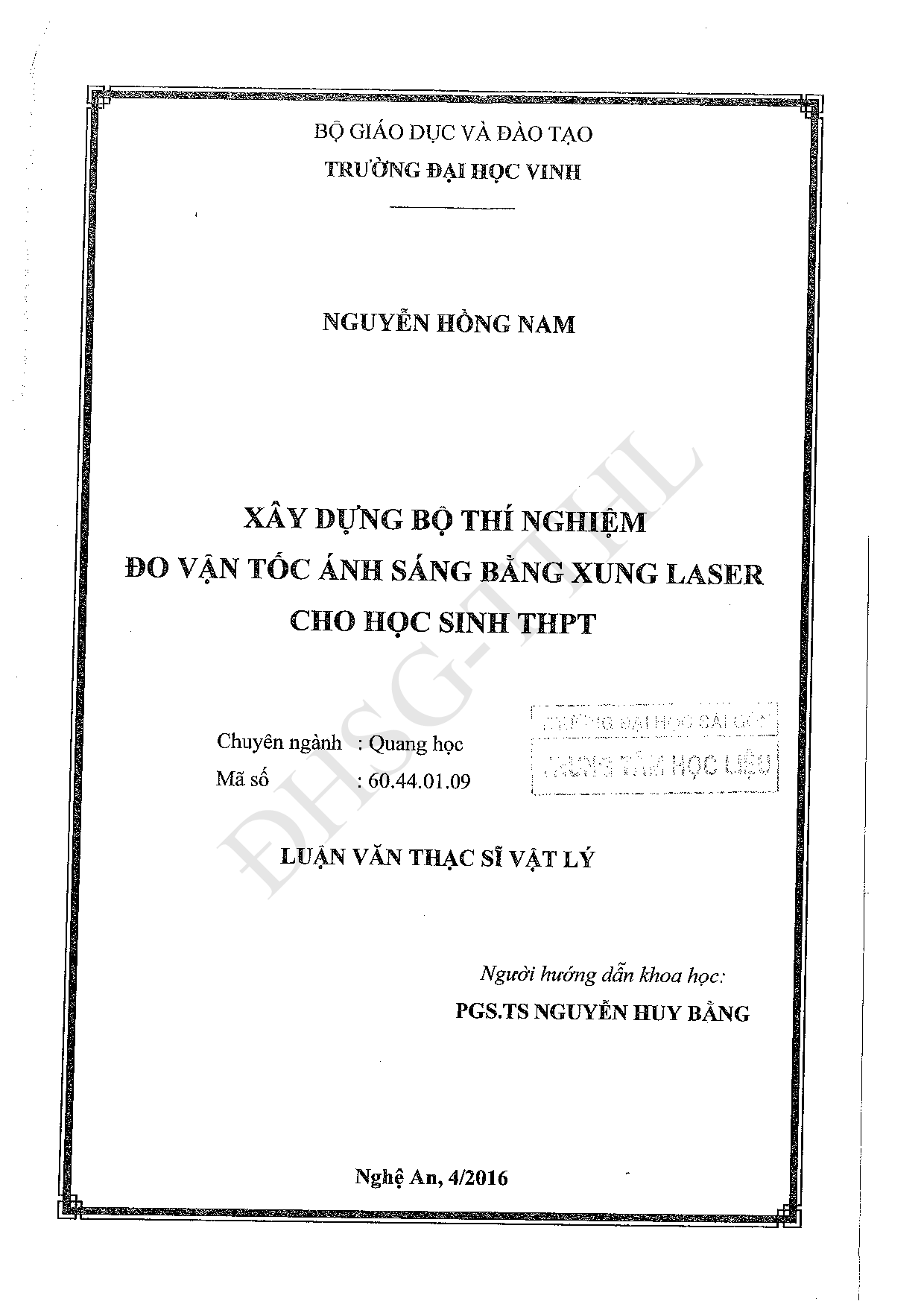 Xây dựng bộ thí nghiệm đo vận tốc ánh sáng bằng xung laser cho học sinh THPT