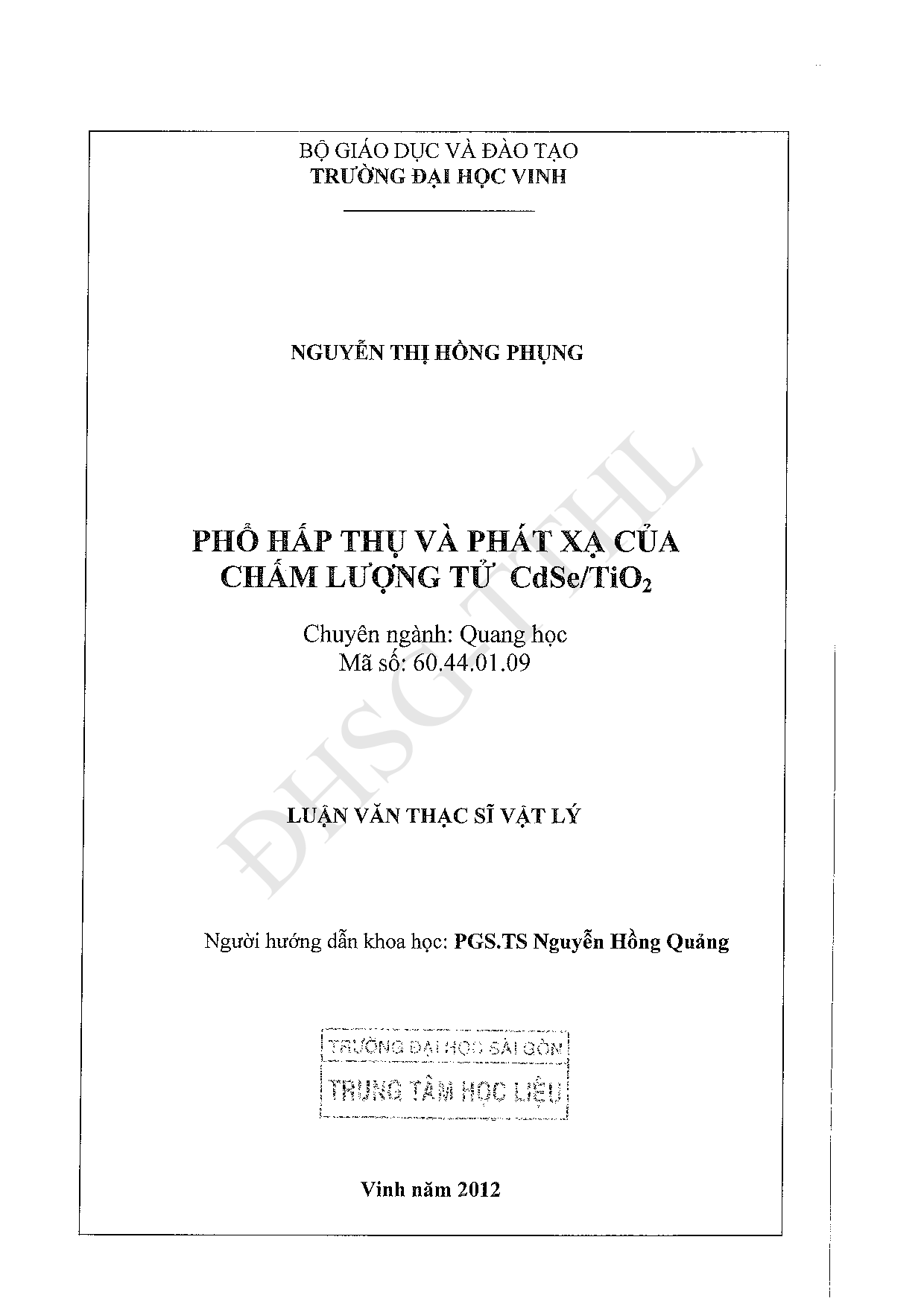 Phổ hấp thụ và phát xạ của chấm lượng tử CdSe/TiO2