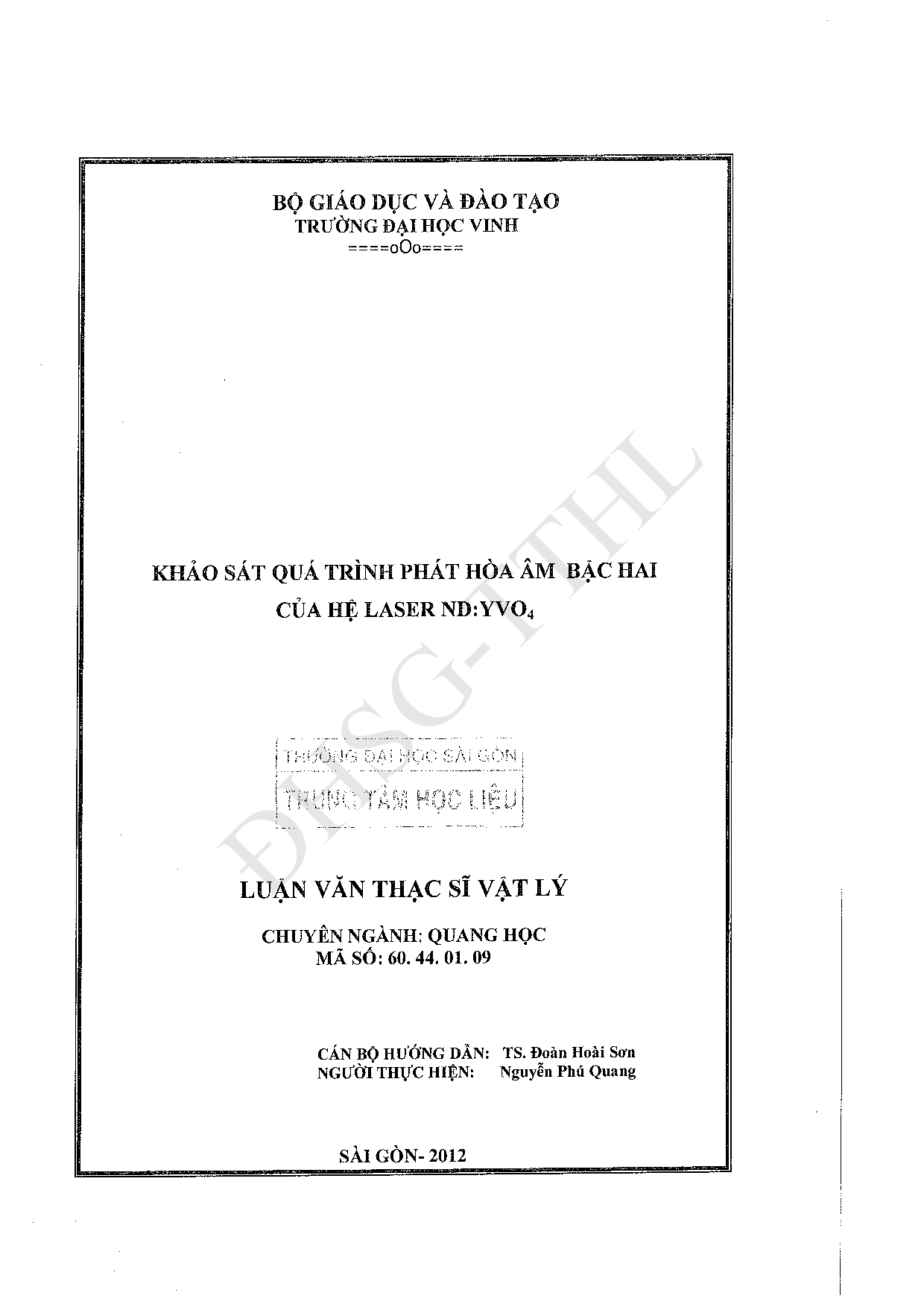 Khảo sát quá trình phát hòa âm bậc hai của hệ Laser ND : YVO