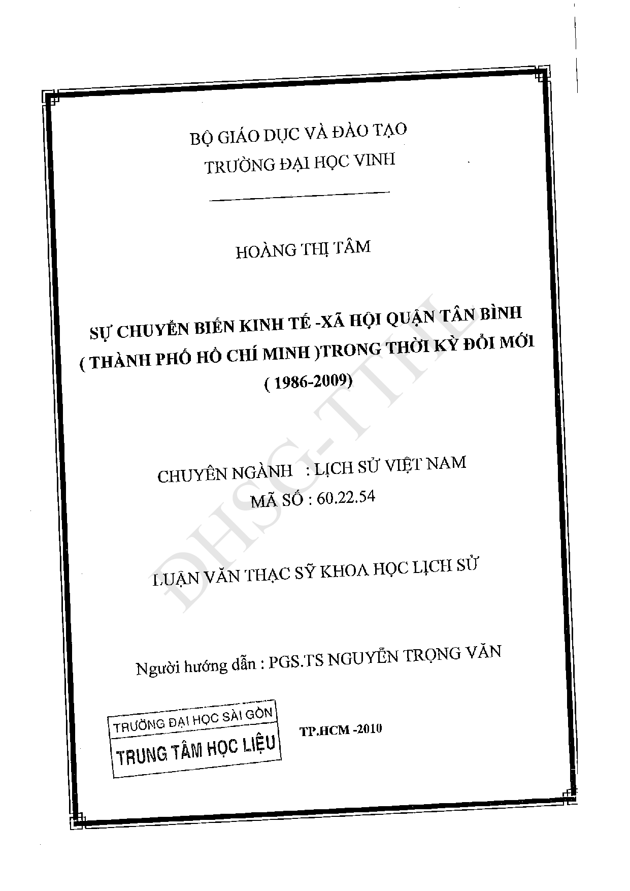 Sự chuyển biến kinh tế - xã hội quận Tân Bình (thành phố Hồ Chí Minh) trong thời ký đổi mới (1986 - 2009)