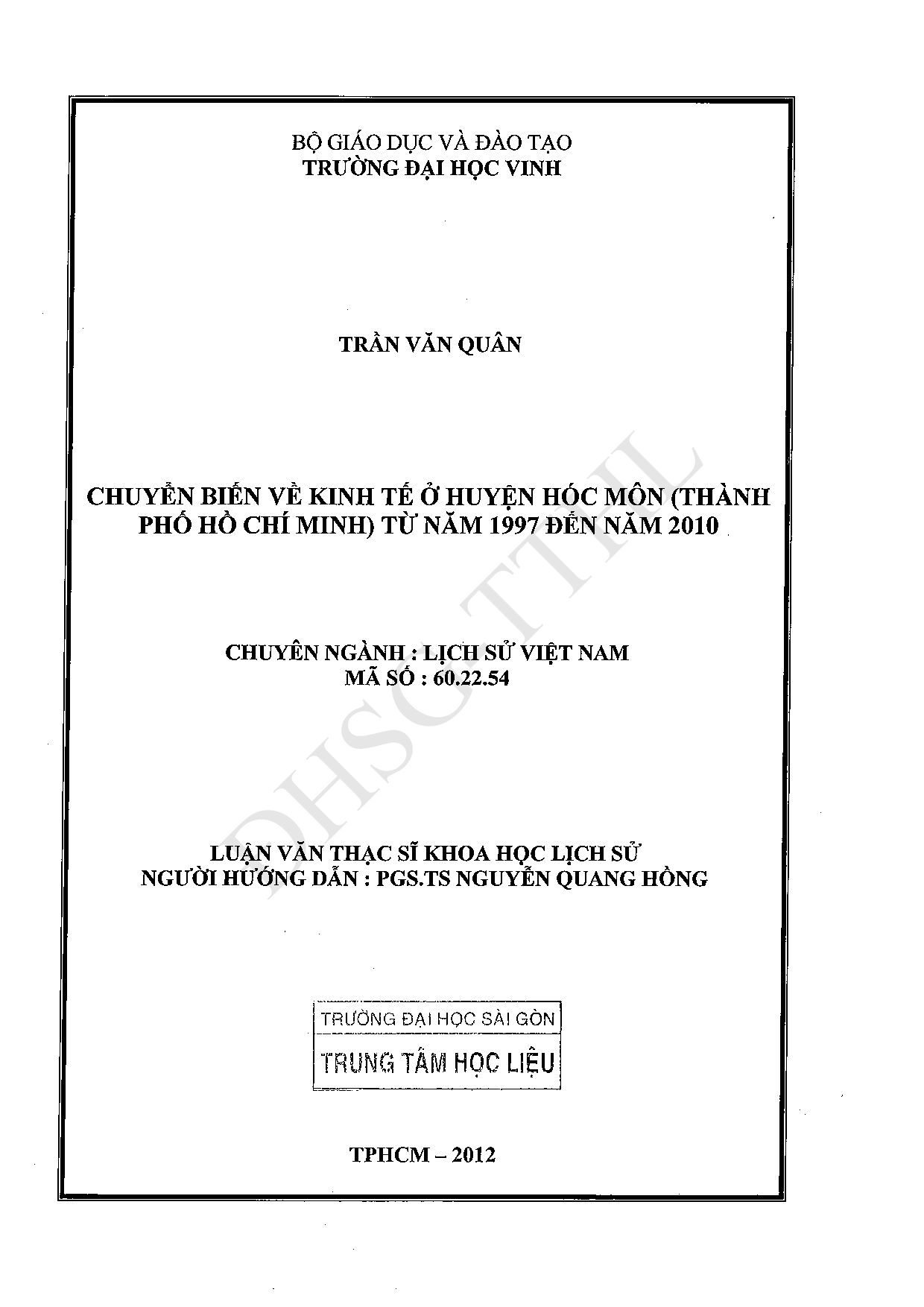 Chuyển biến về kinh tế ở huyện Hóc Môn (Thành phố Hồ Chí Minh) từ năm 1997 đến năm 2010