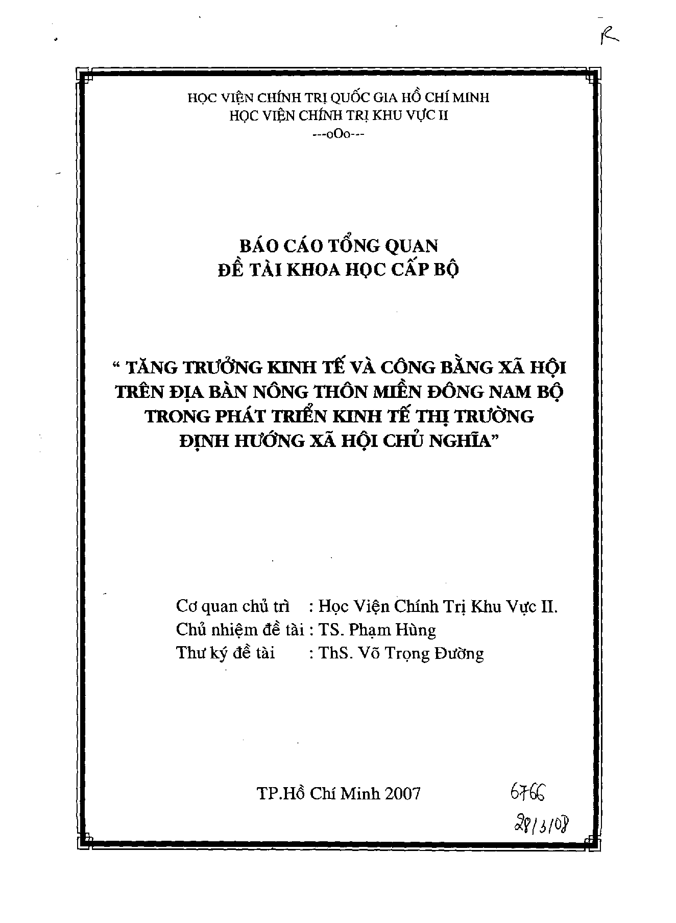 Tăng trưởng kinh tế và công bằng xã hội trên địa bàn nông thôn miền Đông Nam Bộ trong phát triển kinh tế thị trường định hướng xã hội chủ nghĩa  