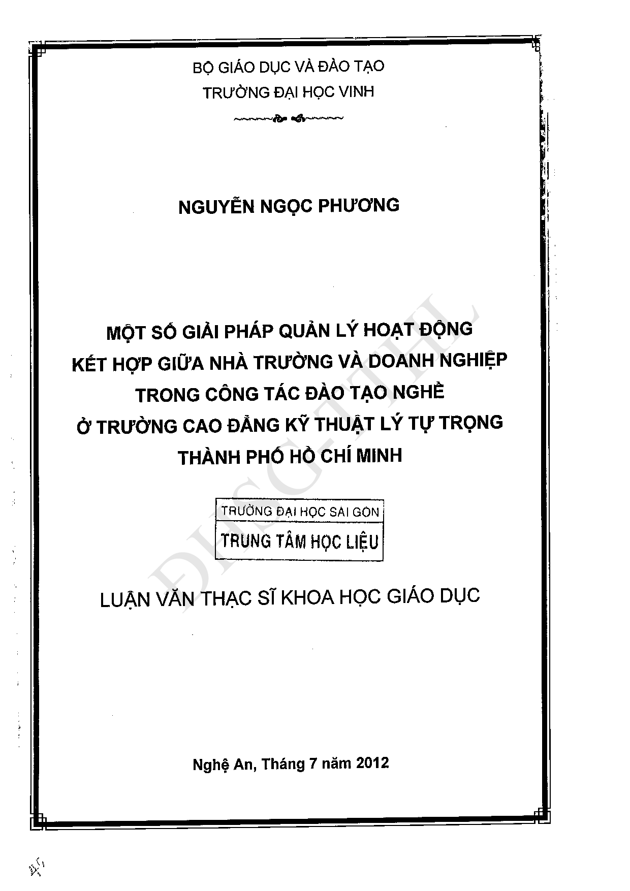 Một số giải pháp quản lý hoạt động kết hợp giữa nhà trường và doanh nghiệp trong công tác đào tạo nghề ở trường Cao đẳng Lý Tự Trọng thành phố Hồ Chí Minh