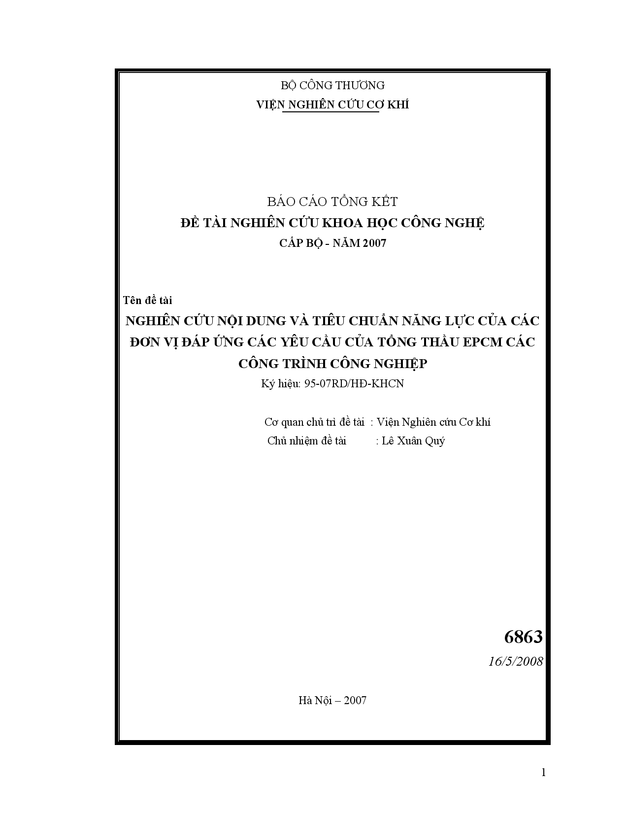 Nghiên cứu nội dung và tiêu chuẩn năng lực của các đơn vị đáp ứng các yêu cầu của tổng thầu EPCM các công trình công nghiệp  