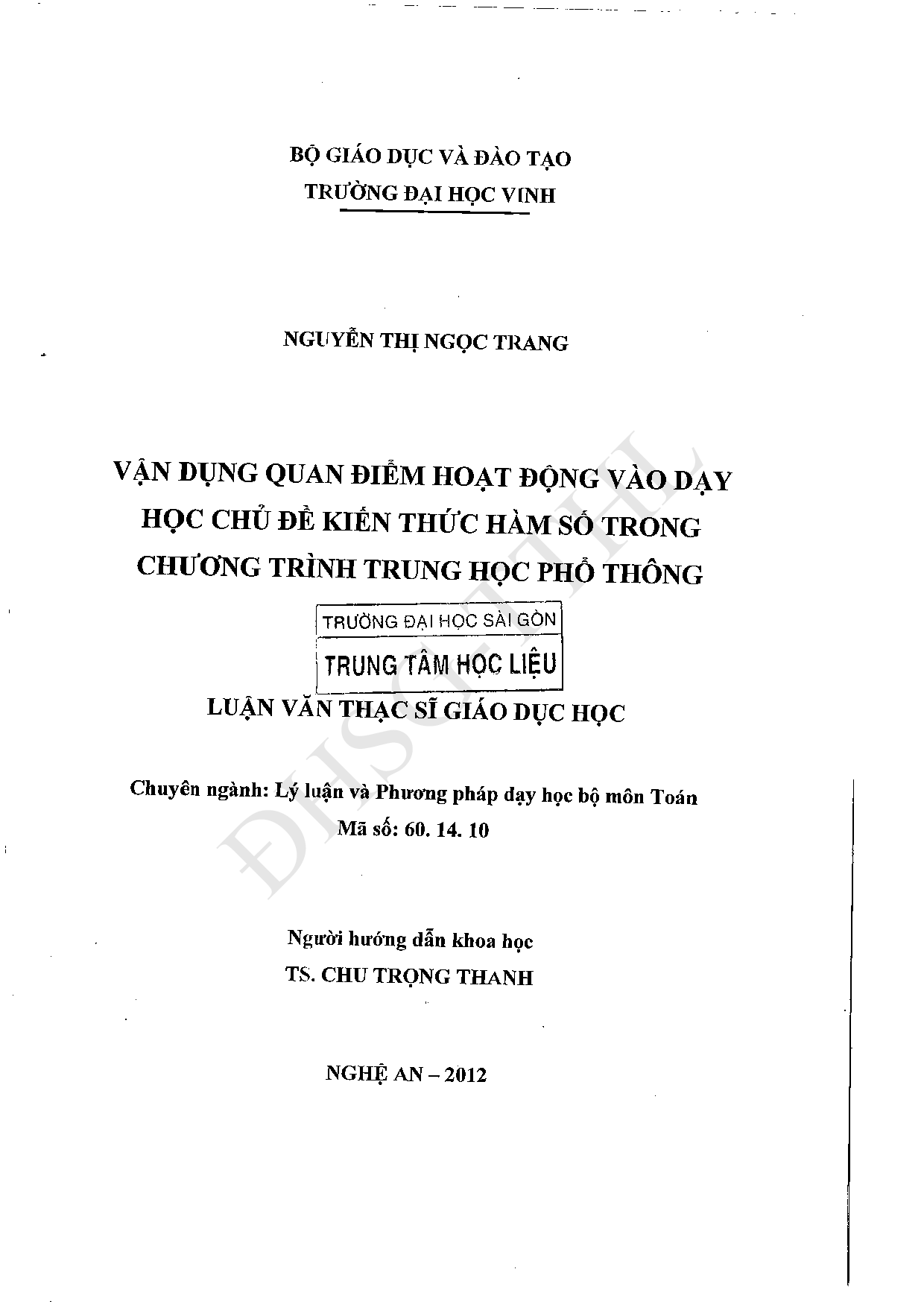 Vận dụng quan điểm hoạt động vào dạy học chủ đề kiến thức hàm số trong chương trình Trung học phổ thông