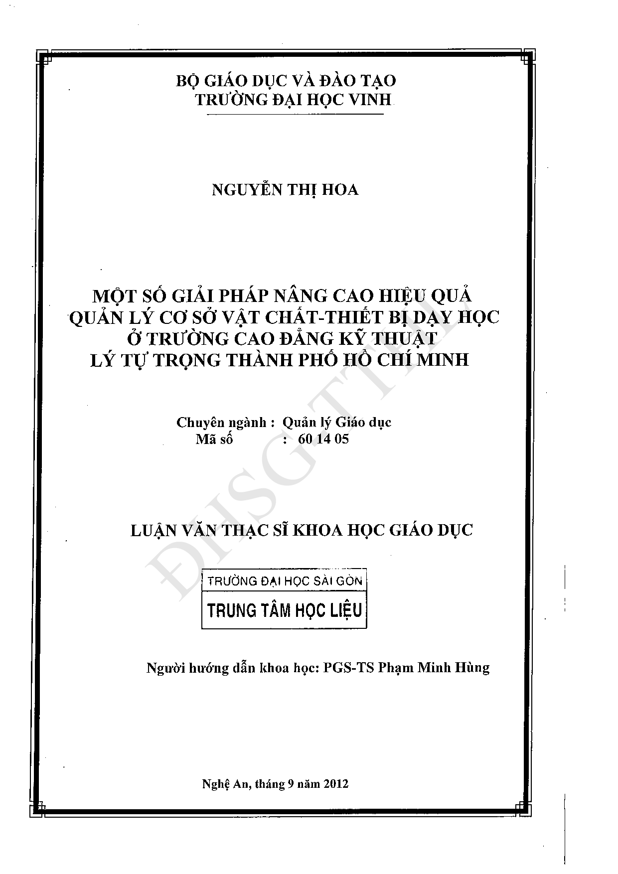 Một số giải pháp nâng cao hiệu quả Quản lý cơ sở vật chất - thiết bị dạy học ở trường cao đẳng kỹ thuật Lý Tự Trọng