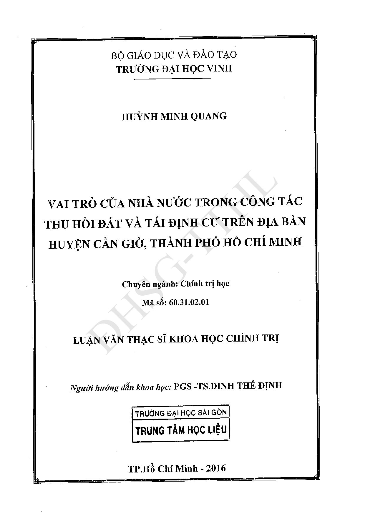 Vai trò của nhà nước trong công tác thu hồi đất và tái định cư trên địa bàn huyện Cần Giờ, Thành phố Hồ Chí Minh