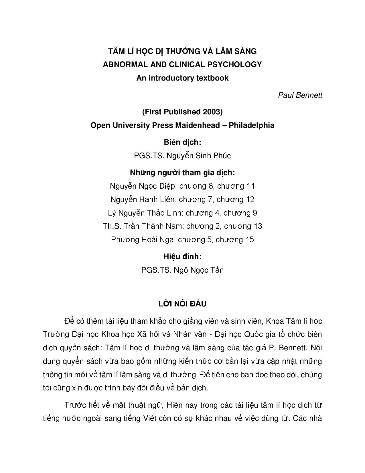 10Tâm lý học dị thường và lâm sàng : Abnormal and clinical psychology : An introductory textbook / Paul Bennett ; Nguyễn Sinh Phúc biên dịch