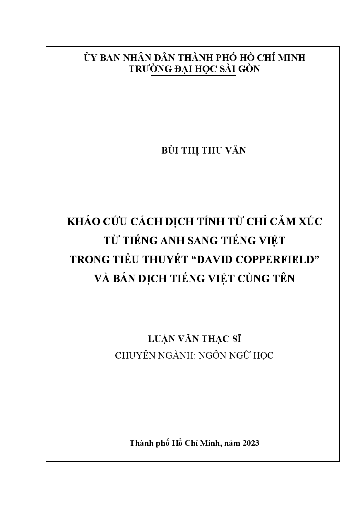 Khảo cứu cách dịch tính từ chỉ cảm xúc từ tiếng Anh sang tiếng Việt trong tiểu thuyết "David Copperfield" và bản dịch tiếng Việt cùng tên