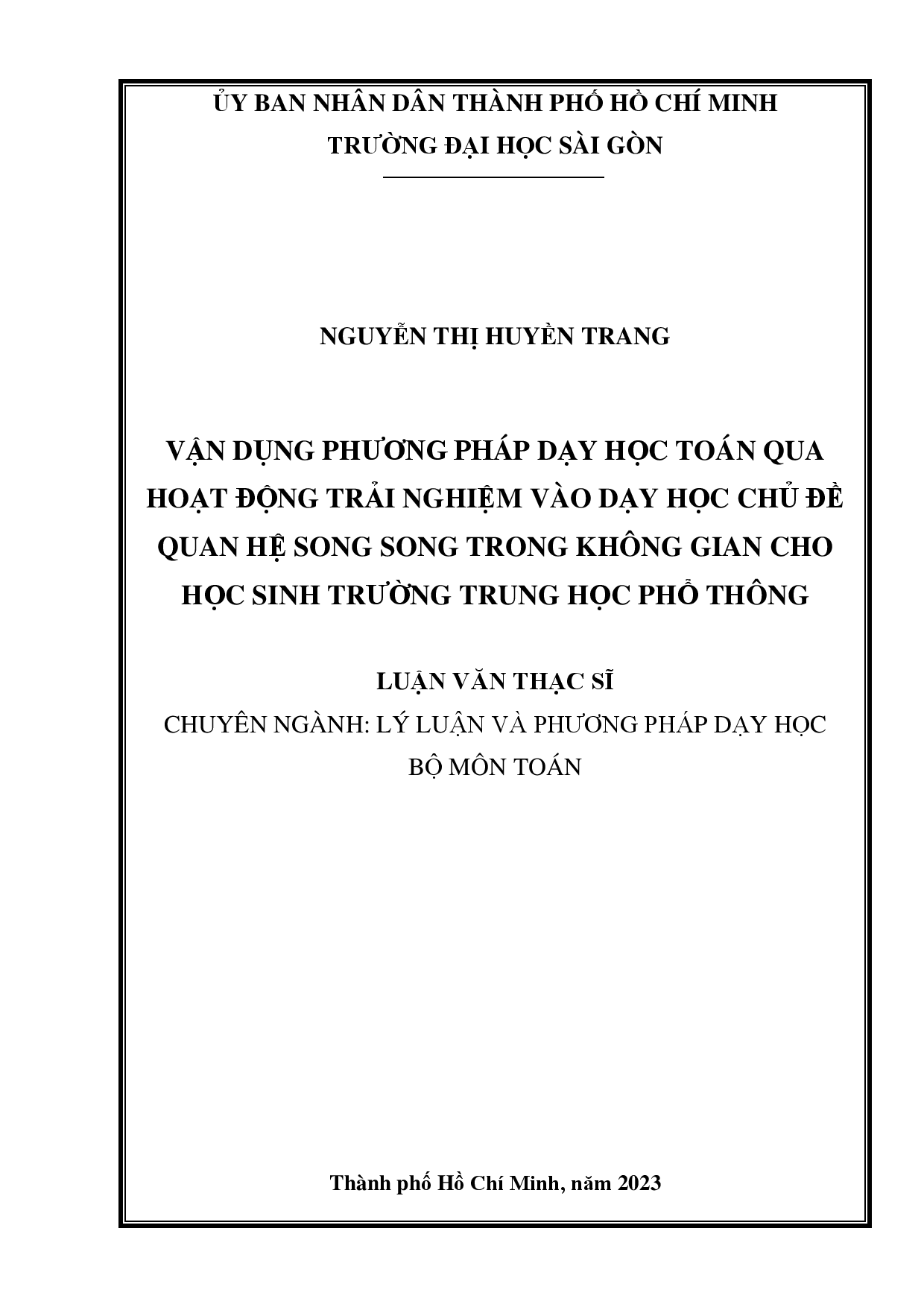 Vận dụng phương pháp dạy học toán qua hoạt động trải nghiệm vào dạy học chủ đề quan hệ song song trong không gian cho học sinh trường trung học phổ thông