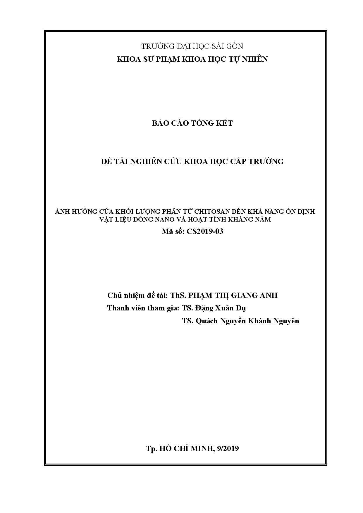 Ảnh hưởng của khối lượng phân tử Chitosan đến khả năng ổn định vật liệu đồng Nano và hoạt tính kháng nấm