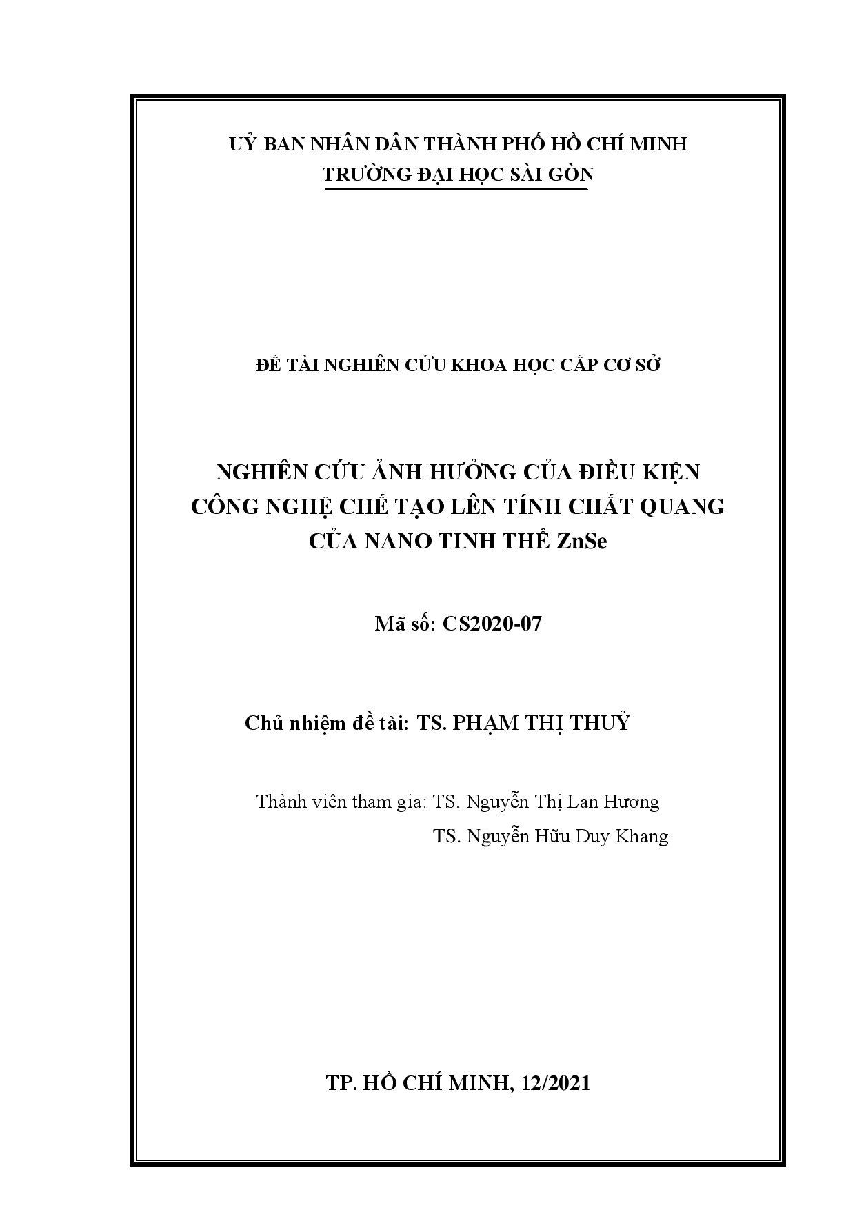 Nghiên cứu ảnh hưởng của điều kiện công nghệ chế tạo lên tính chất quang của Nano tinh thể ZnSe