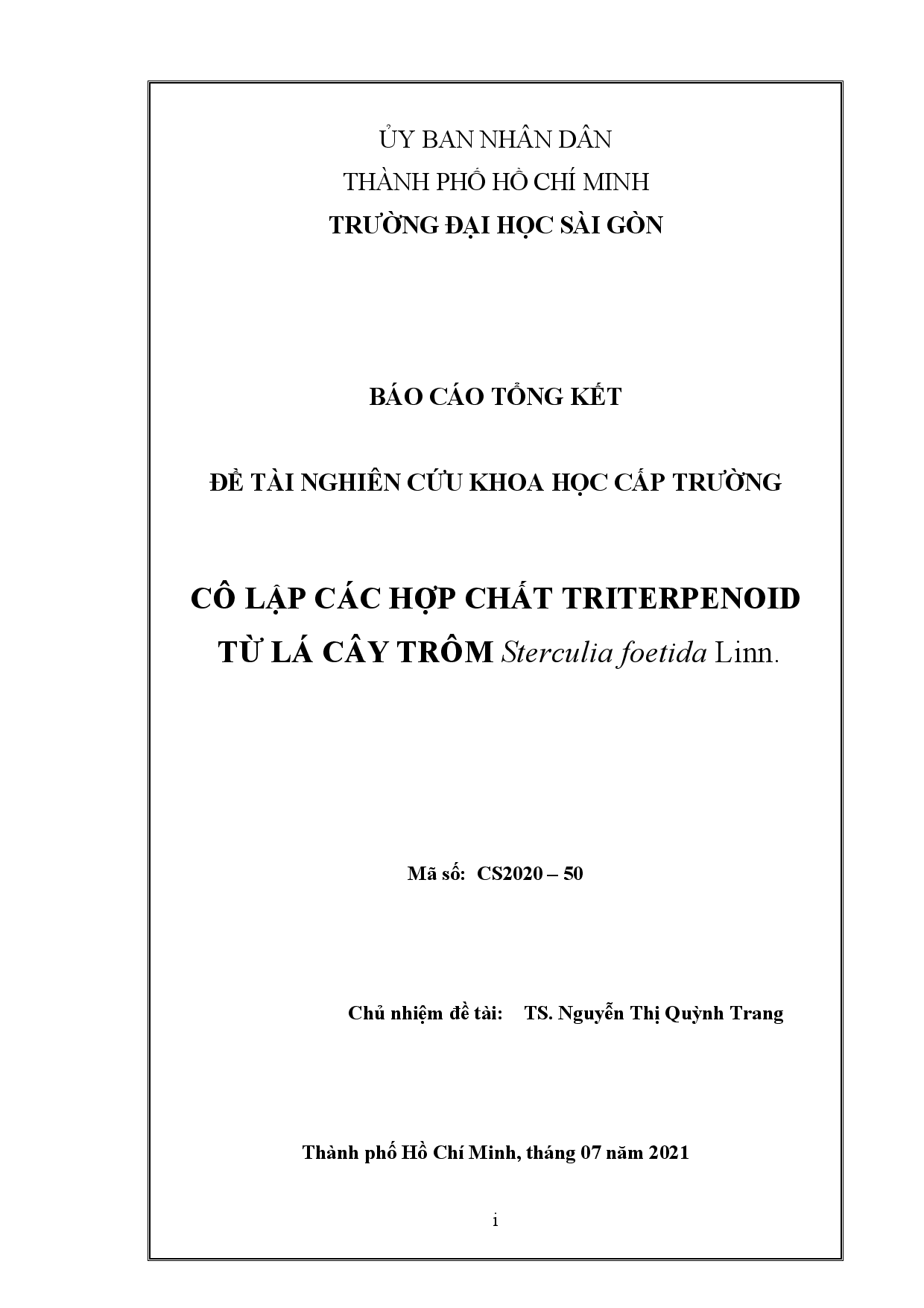 Cô lập các hợp chất Triterpenoid từ lá cây trôm Sterculia foetida Linn.