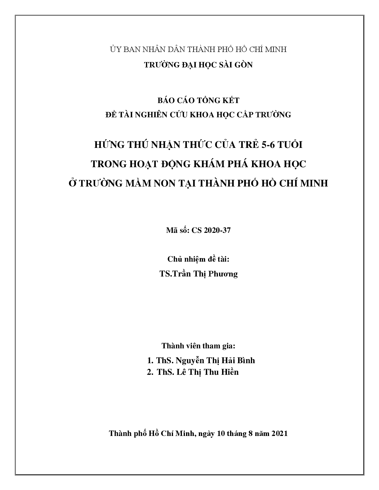 Hứng thú nhận thức của trẻ 5-6 tuổi trong hoạt động khám phá khoa học ở trường mầm non tại Thành phố Hồ Chí Minh