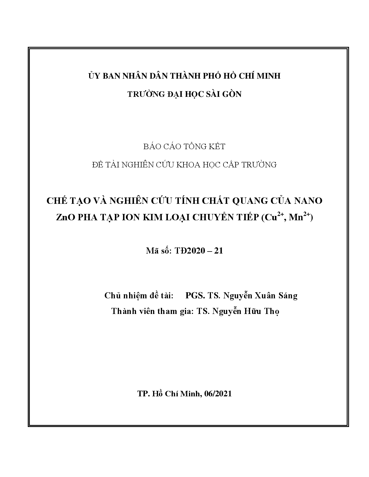 Chế tạo và nghiên cứu tính chất quang của nano ZnO pha tạp Ion kim loại chuyển tiếp (Cu2+, Mn2+)