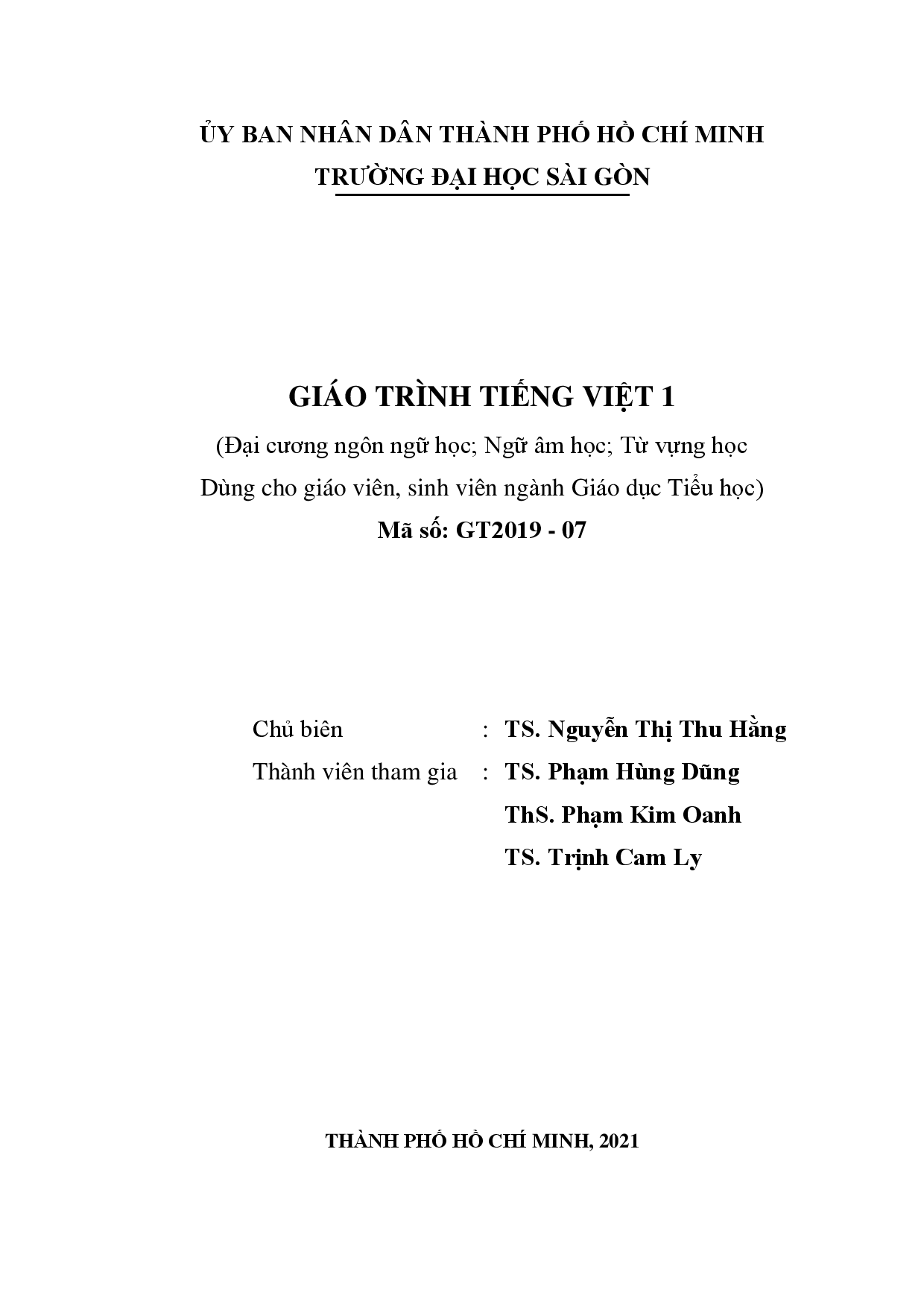 Giáo trình Tiếng Việt 1 : Mã số : GT2019-07