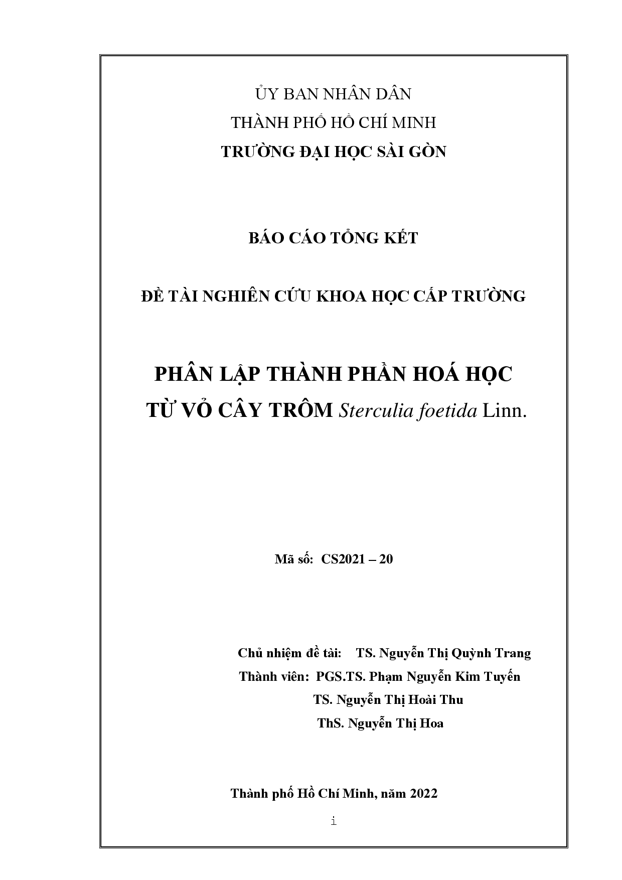 Phân lập thành phần hóa học từ vỏ cây trôm Sterculia foetida Linn