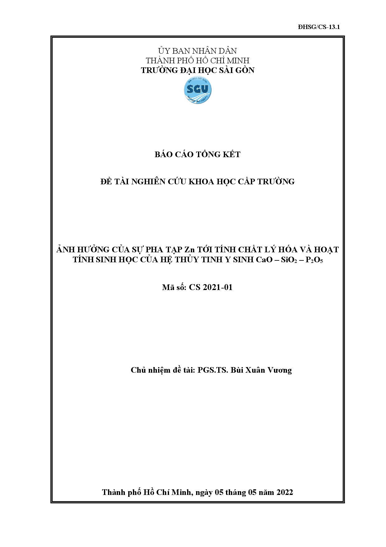 Ảnh hưởng của sự pha tạp Zn tới tính chất lý hóa và hoạt tính sinh học của hệ thủy tinh y sinh CaO - SiO2 - P2O5