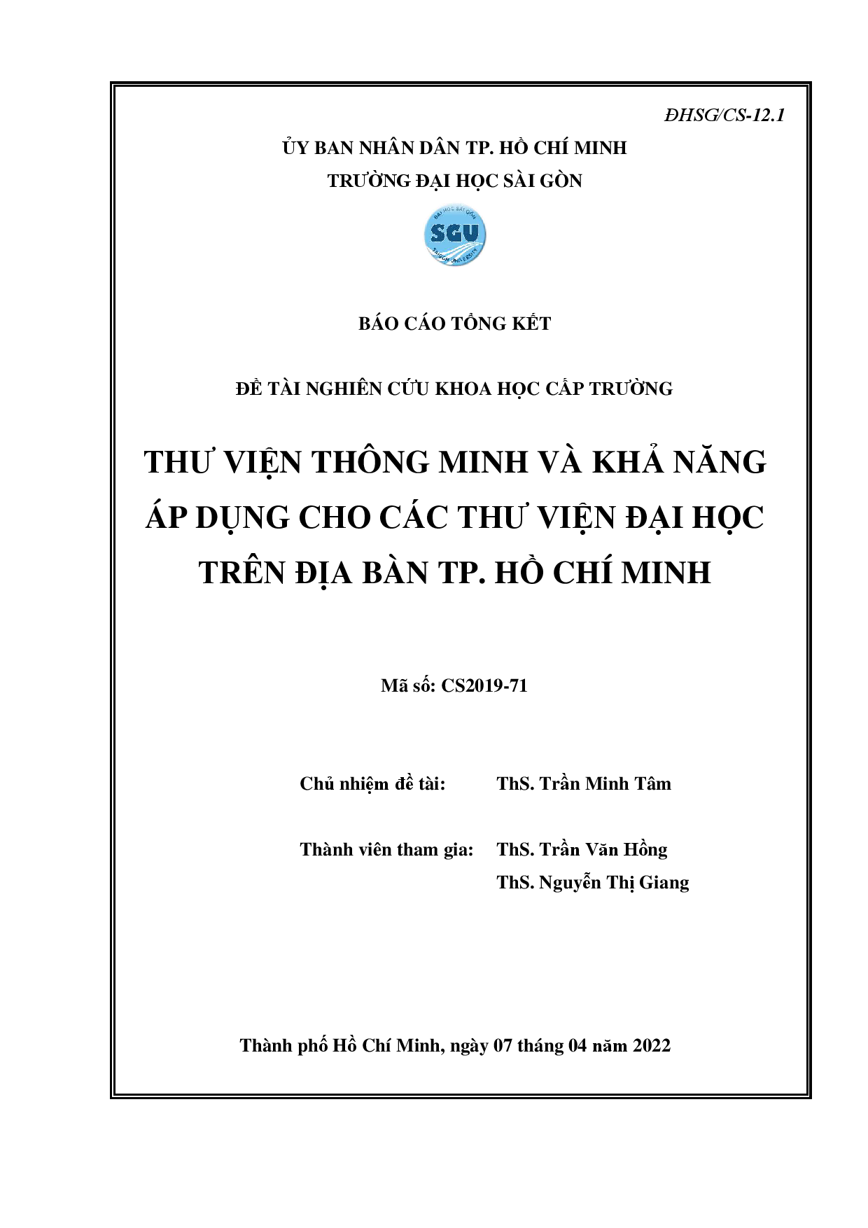 Thư viện thông minh và khả năng áp dụng cho các thư viện đại học trên địa bàn TP. Hồ Chí Minh