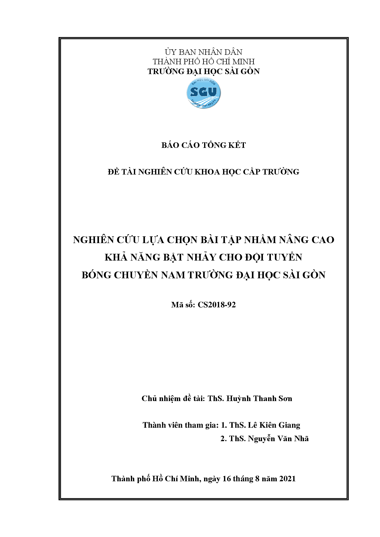 Nghiên cứu lựa chọn bài tập nhằm nâng cao khả năng bật nhảy cho đội tuyển bóng chuyền nam trường Đại học Sài Gòn