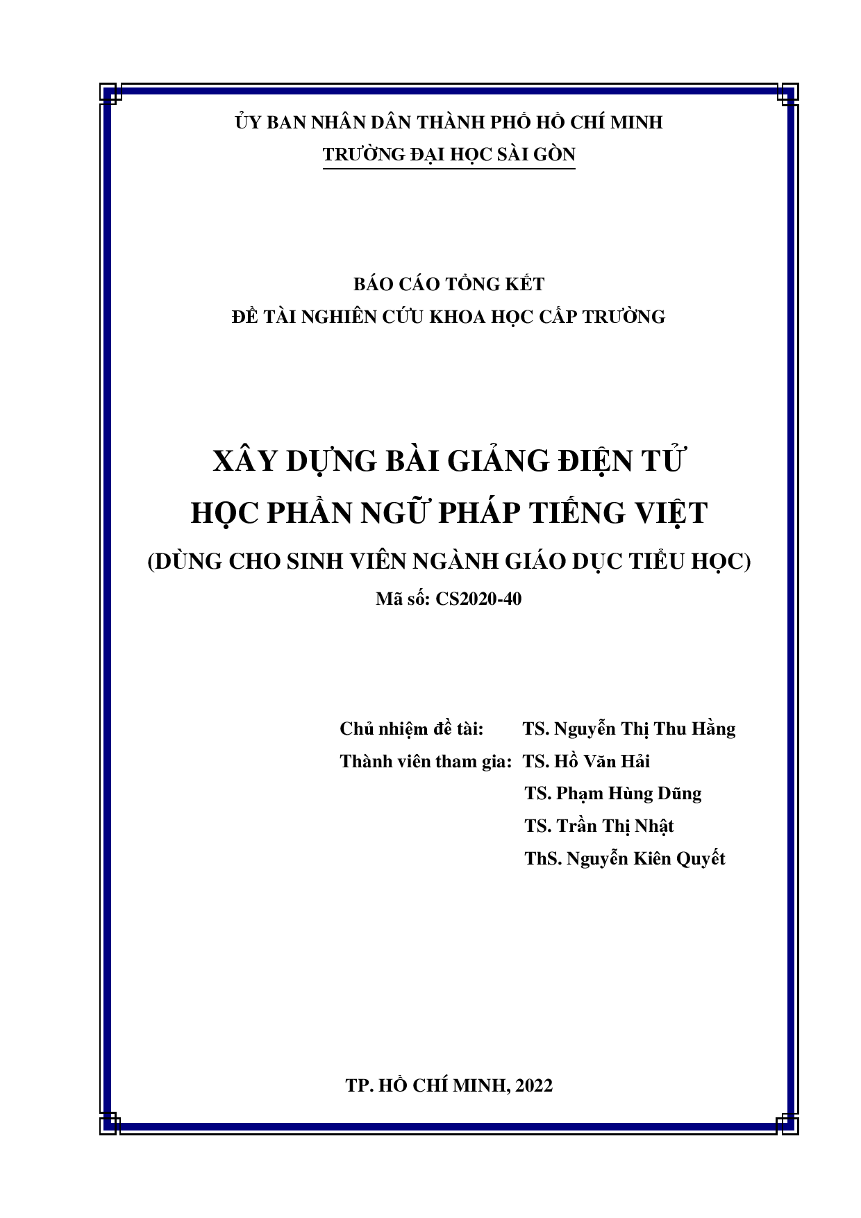 Xây dựng bài giảng điện tử học phần Ngữ pháp tiếng Việt (dùng cho sinh viên ngành Giáo dục tiểu học)