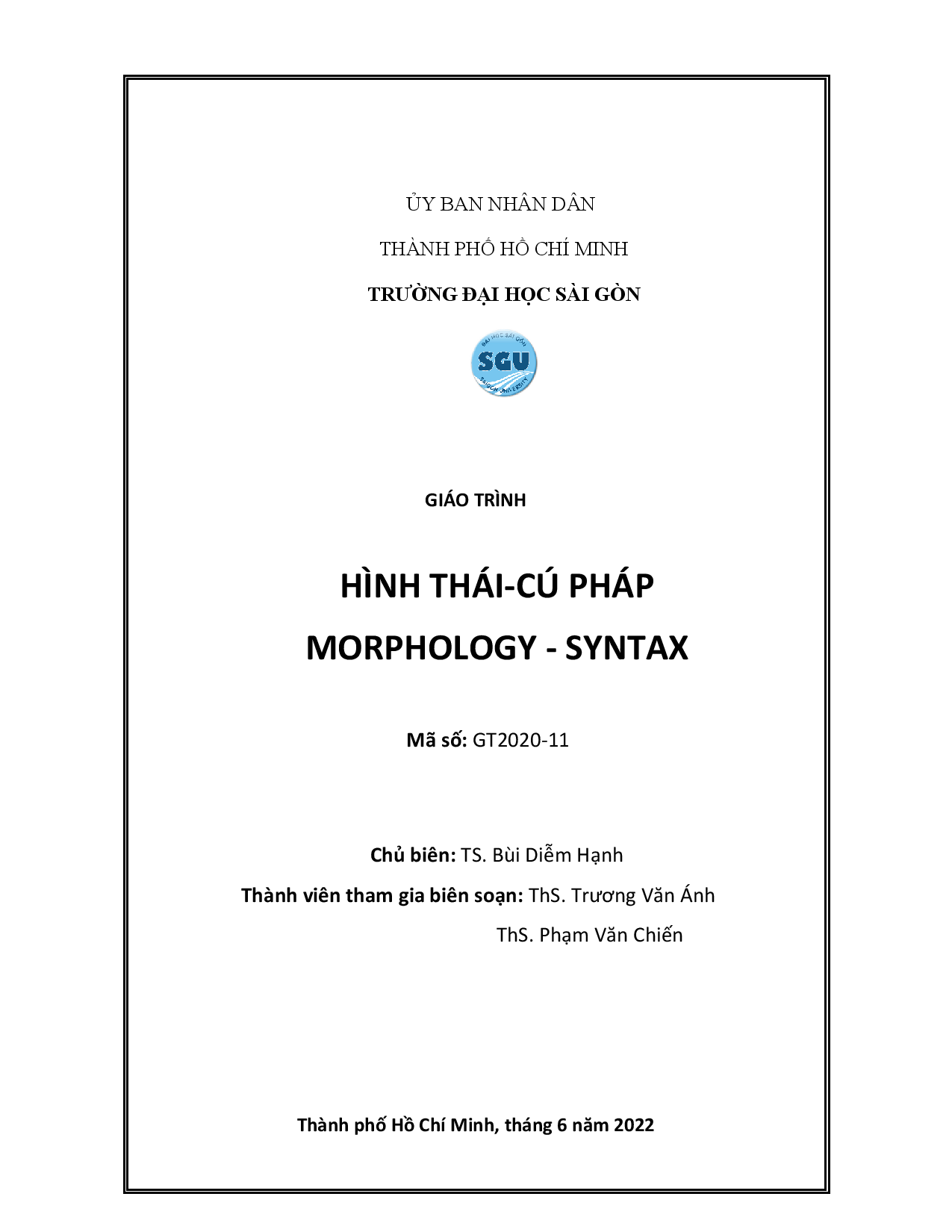 Giáo trình Hình thái - Cú pháp học (Morphology - Syntax) : Mã số : GT2020-11