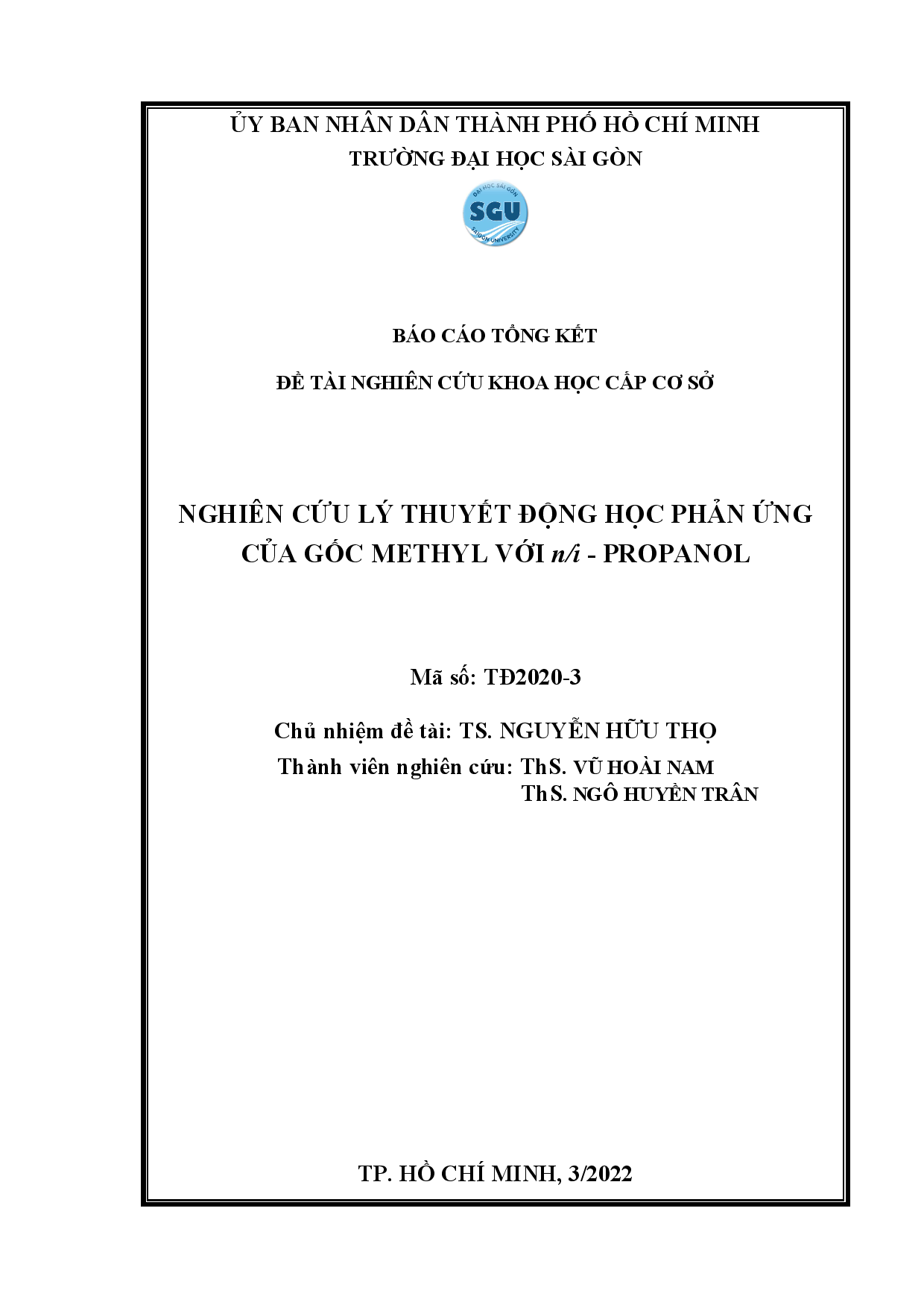 Nghiên cứu lý thuyết động học phản ứng của gốc Methyl với n/i-propanol