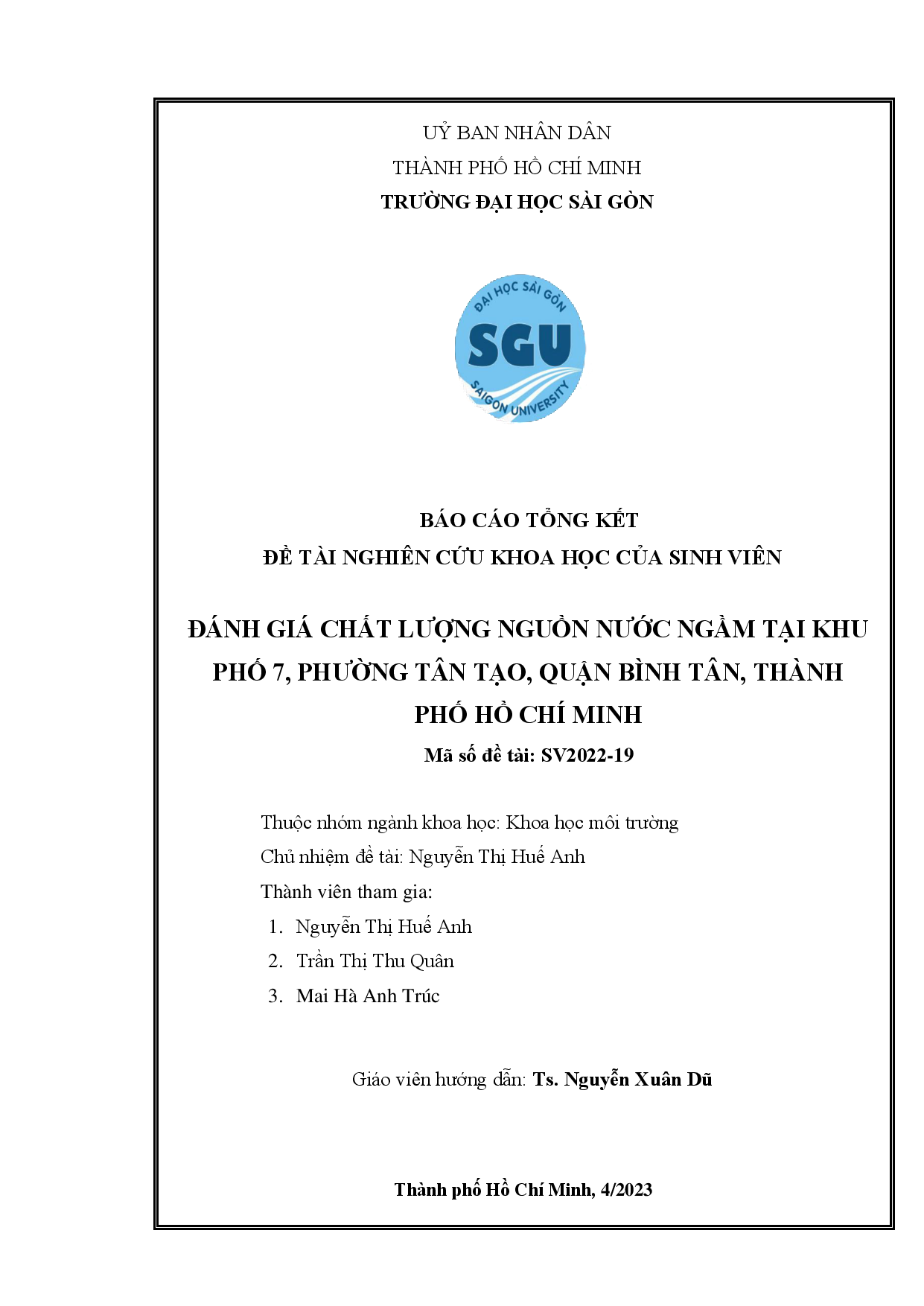 Đánh giá chất lượng nguồn nước ngầm tại khu phố 7, phường Tân Tạo, quận Bình Tân, Thành phố Hồ Chí Minh