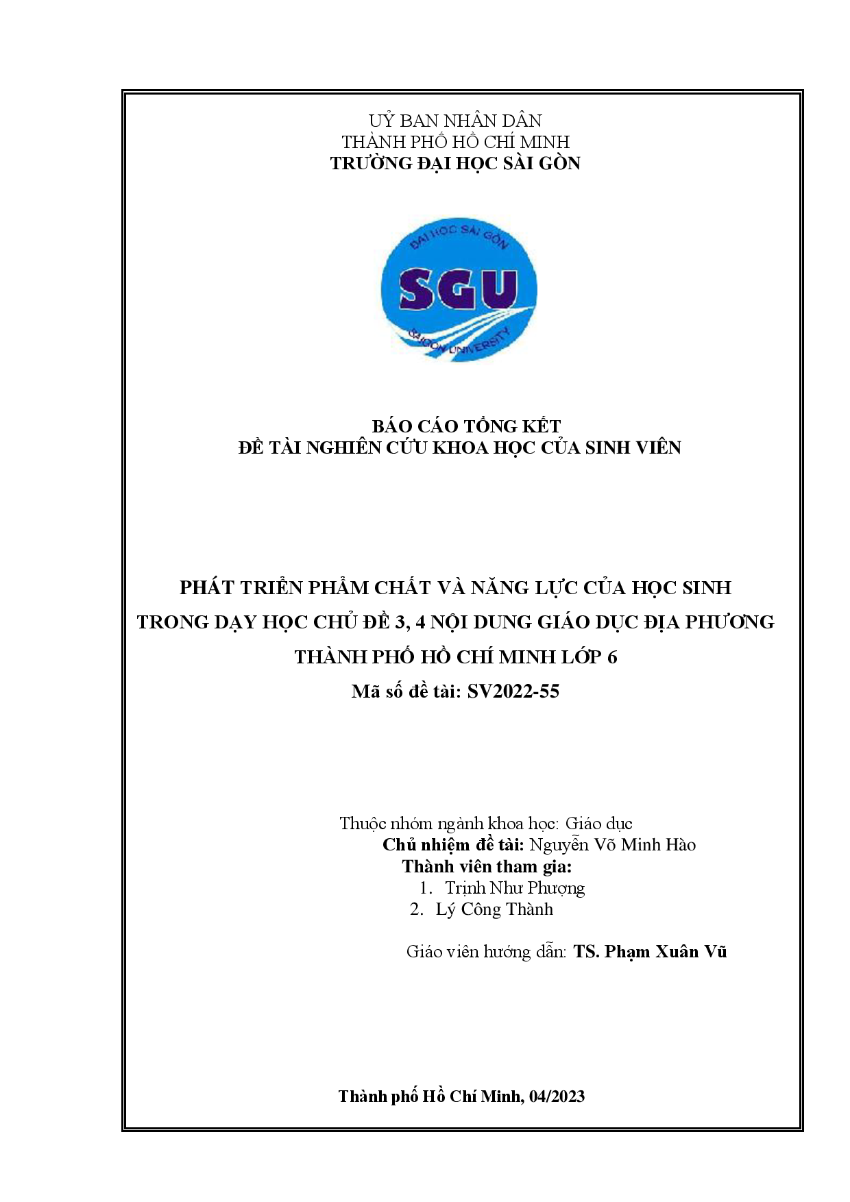 Phát triển phẩm chất và năng lực của học sinh trong dạy học chủ đề 3, 4 nội dung giáo dục địa phương Thành phố Hồ Chí Minh lớp 6