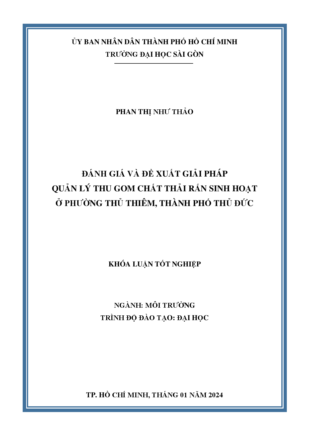 Đánh giá và đề xuất giải pháp quản lý thu gom chất thải rắn sinh hoạt ở phường Thủ Thiêm, thành phố Thủ Đức