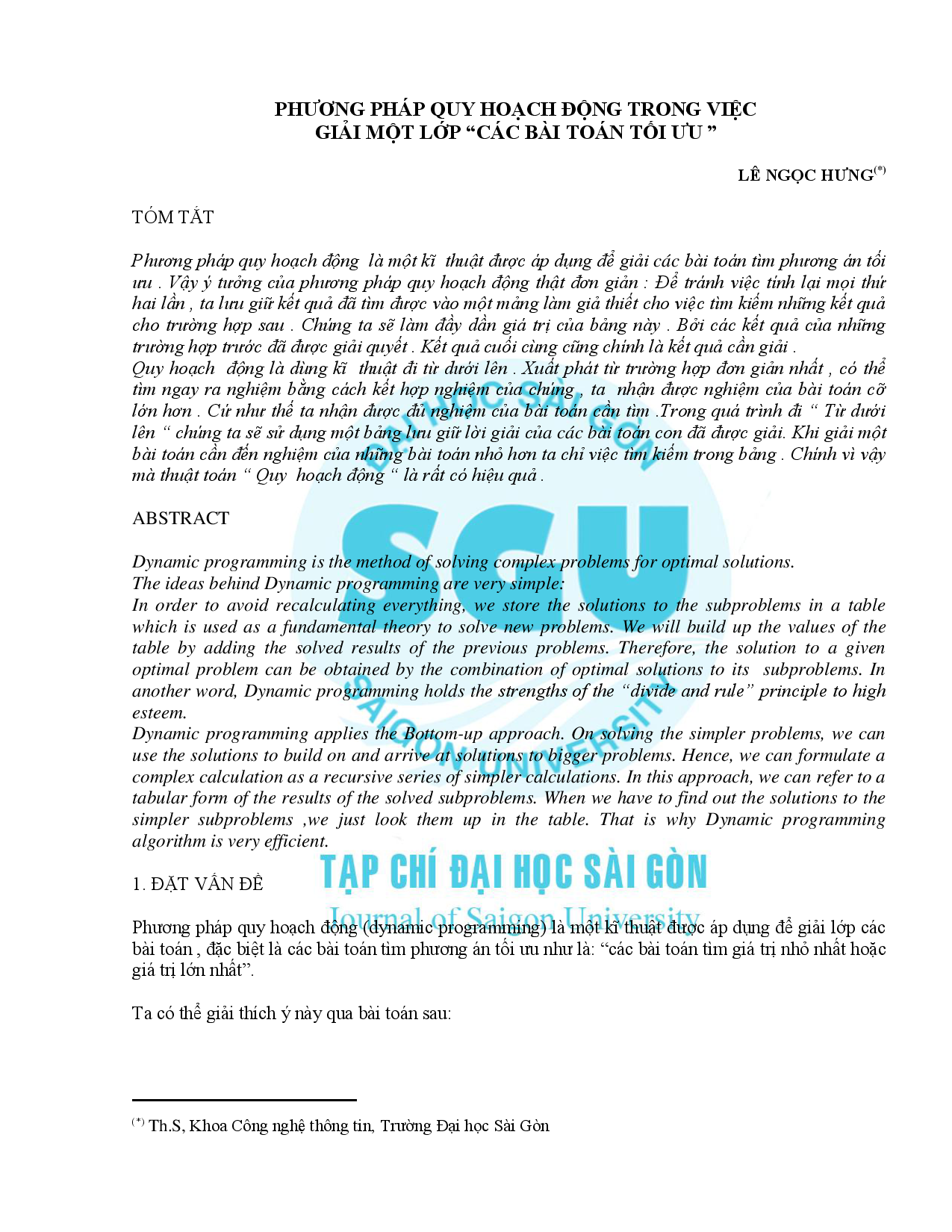 Phương pháp Quy hoạch động trong việc giải một lớp "các bài toán tối ưu"  