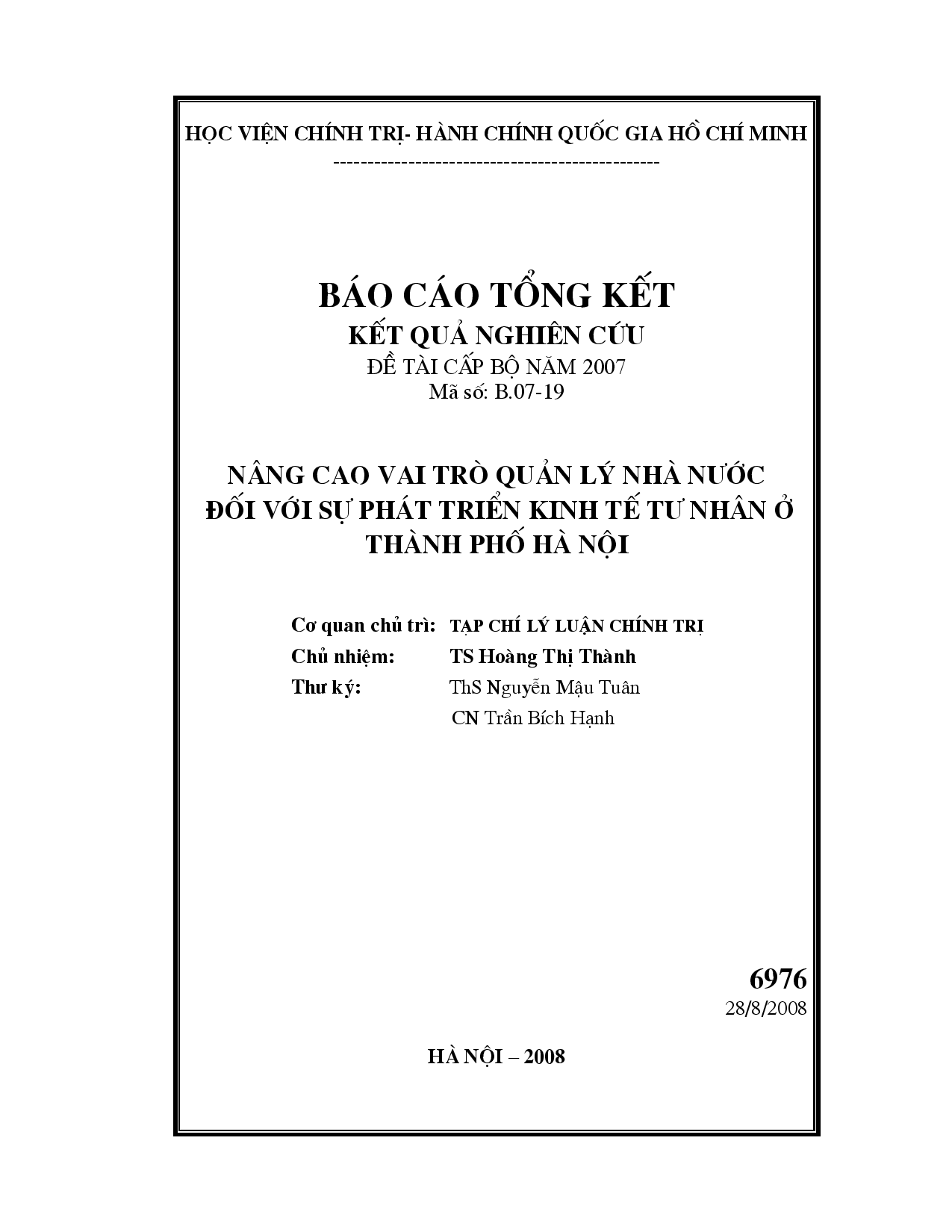 Nâng cao vai trò quản lý Nhà nước đối với sự phát triển kinh tế tư nhân ở thành phố Hà Nội  