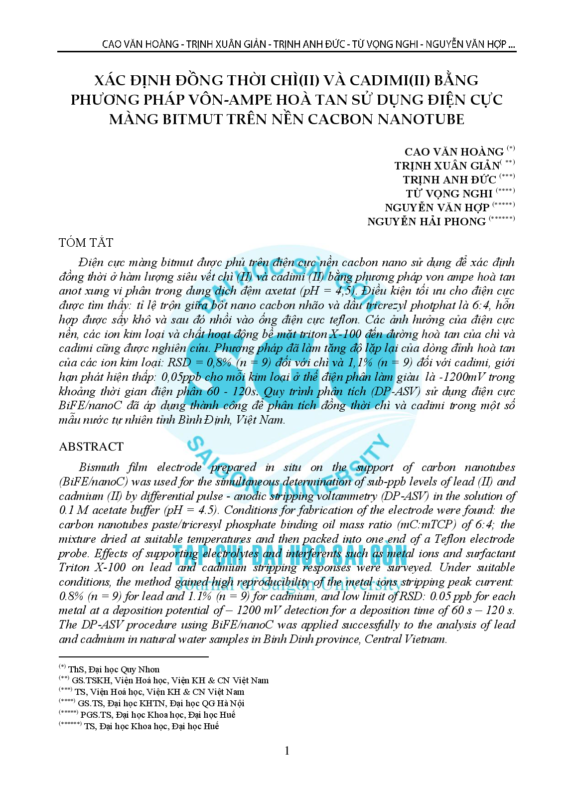 Xác định đồng thời chì(II) và cadimi(II) bằng phương pháp vôn-ampe hòa tan sử dụng điện cực màng bitmut trên nền cacbon nanotube  