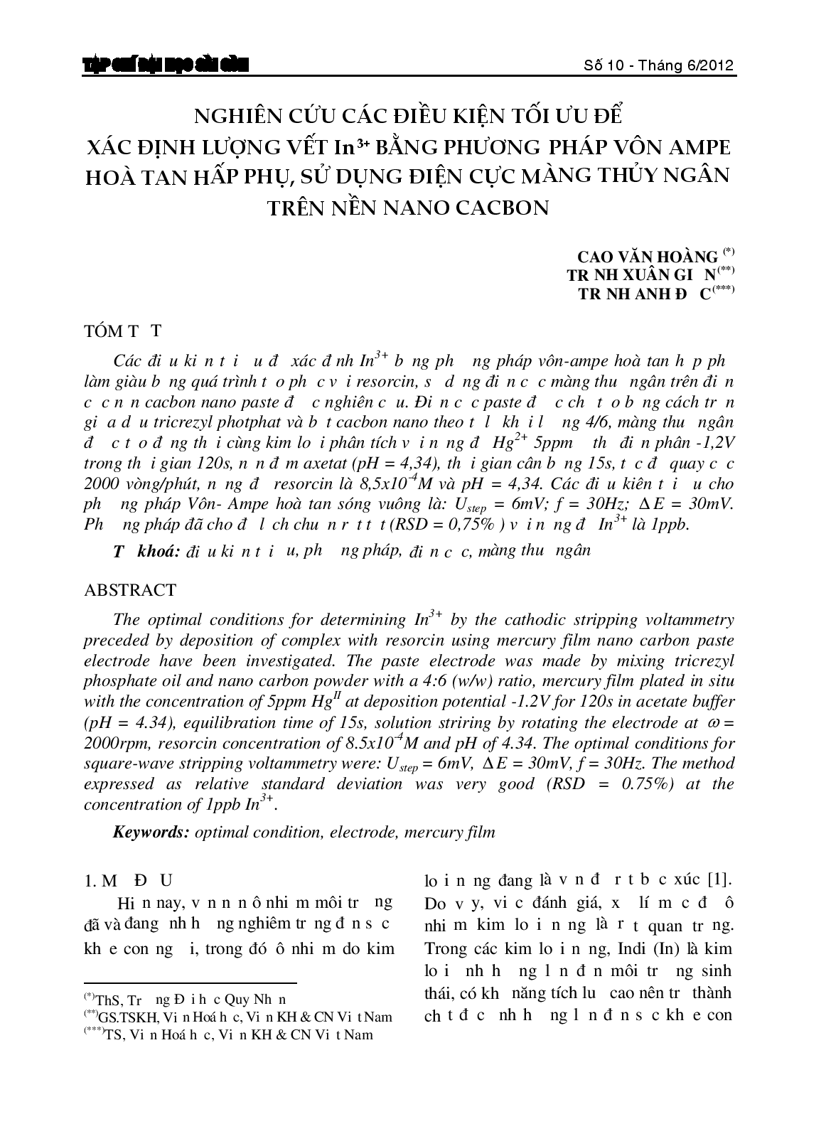 Nghiên cứu các điều kiện tối ưu để xác định lượng vết In3+ bằng phương pháp Vôn ampe hòa tan hấp thụ, sử dụng điện cực màng thủy ngân trên nền nano cacbon  
