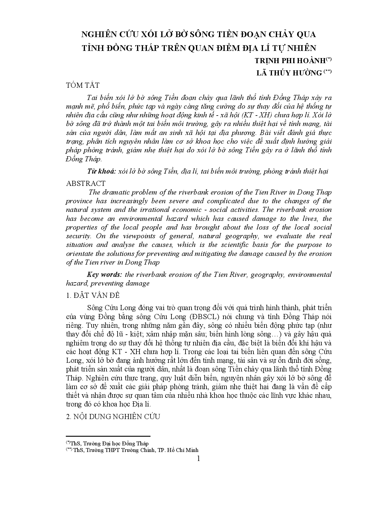 Nghiên cứu xói lở bờ sông Tiền đoạn chảy qua tỉnh Đồng Tháp trên quan điểm địa lí tự nhiên  