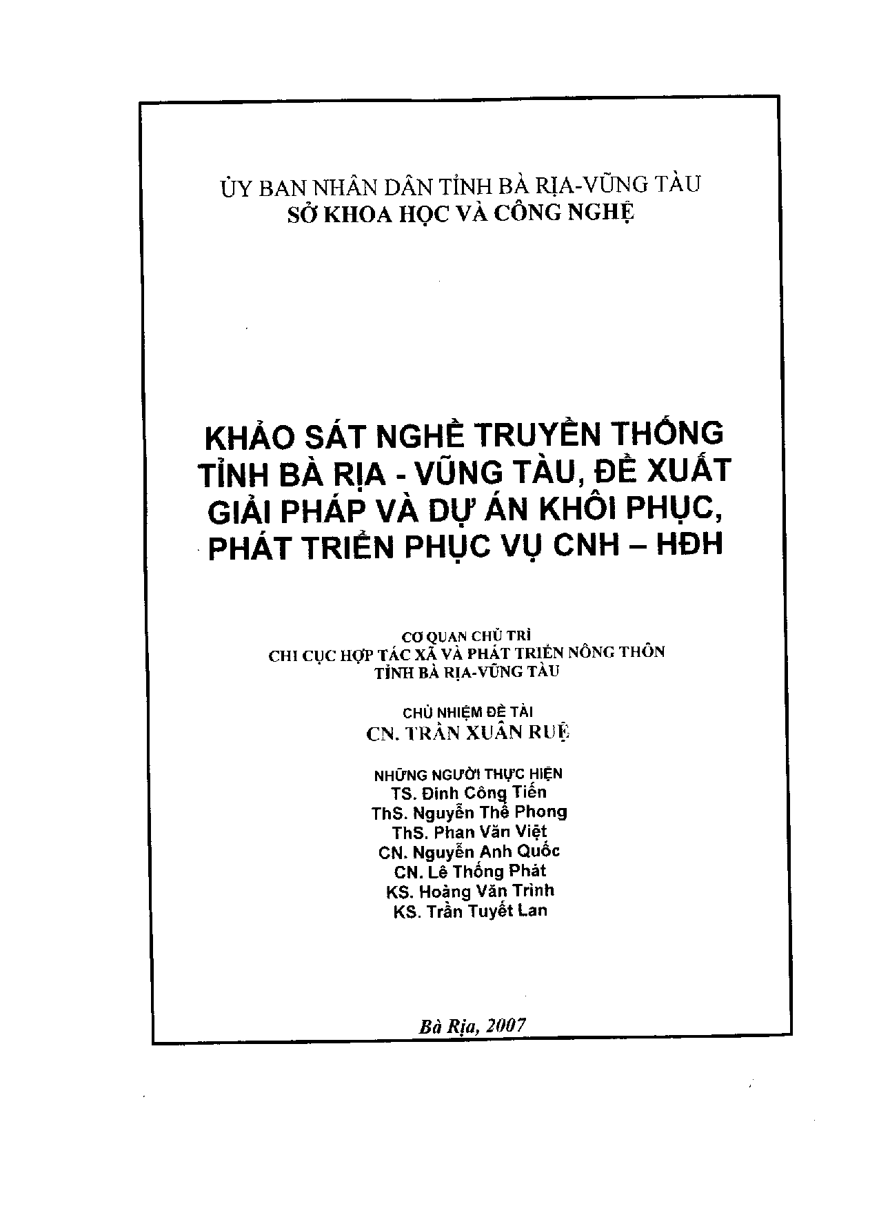 Khảo sát nghề truyền thống tỉnh Bà Rịa - Vũng Tàu, đề xuất giải pháp và dự án khôi phục, phát triển phục vụ CNH - HĐH : 6429  