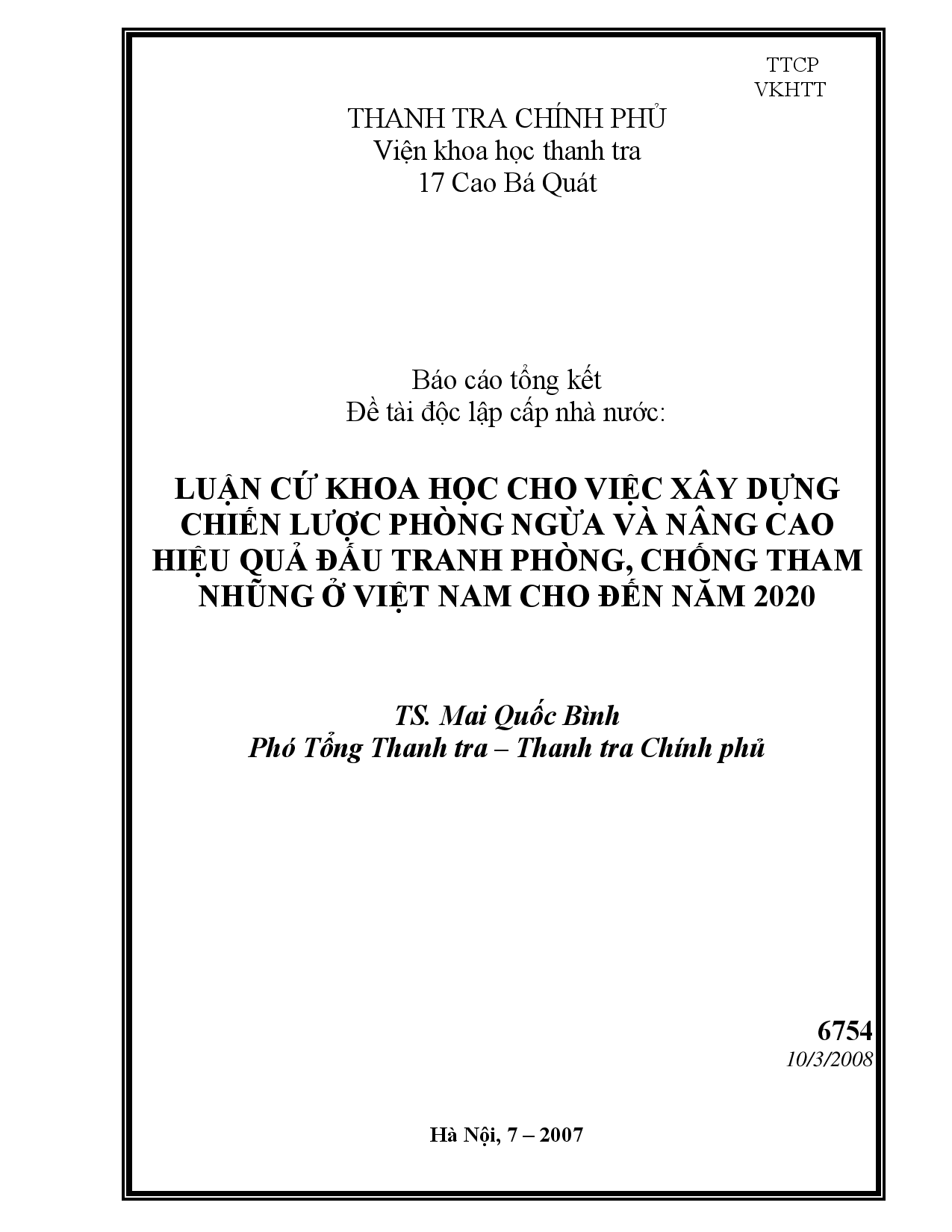 Luận cứ khoa học cho việc xây dựng chiến lược phòng ngừa và nâng cao hiệu quả đấu tranh phòng, chống tham nhũng ở Việt Nam cho đến năm 2020  