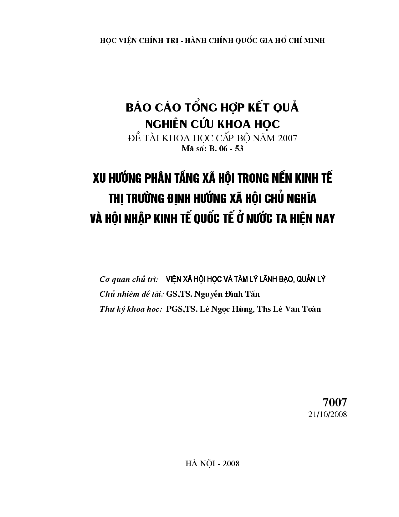 Xu hướng phân tầng xã hội trong nền kinh tế thị trường định hướng xã hội chủ nghĩa và hội nhập kinh tế quốc tế ở nước ta hiện nay  