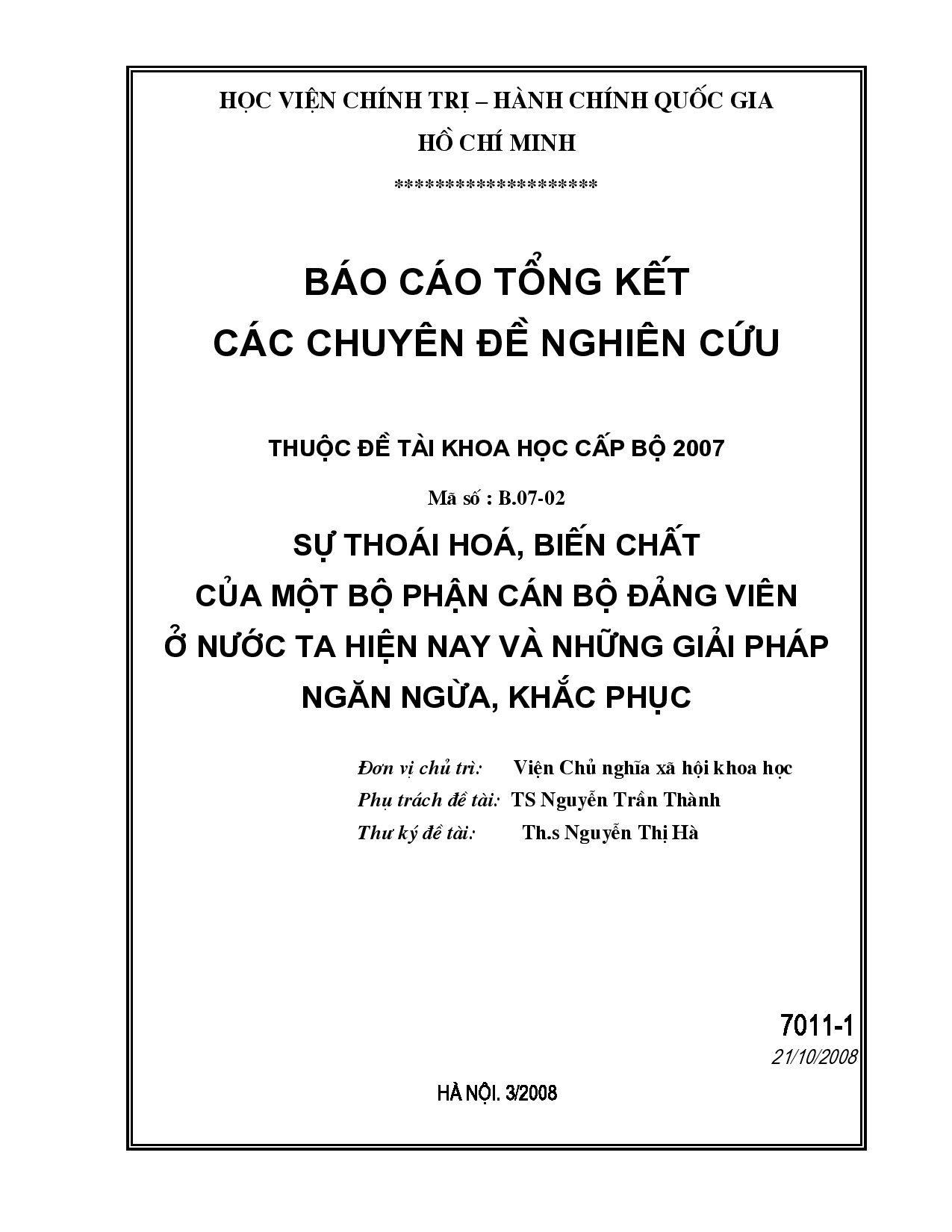 Sự thoái hóa, biến chất của một bộ phận cán bộ Đảng viên ở nước ta hiện nay và những giải pháp ngăn ngừa, khắc phục  