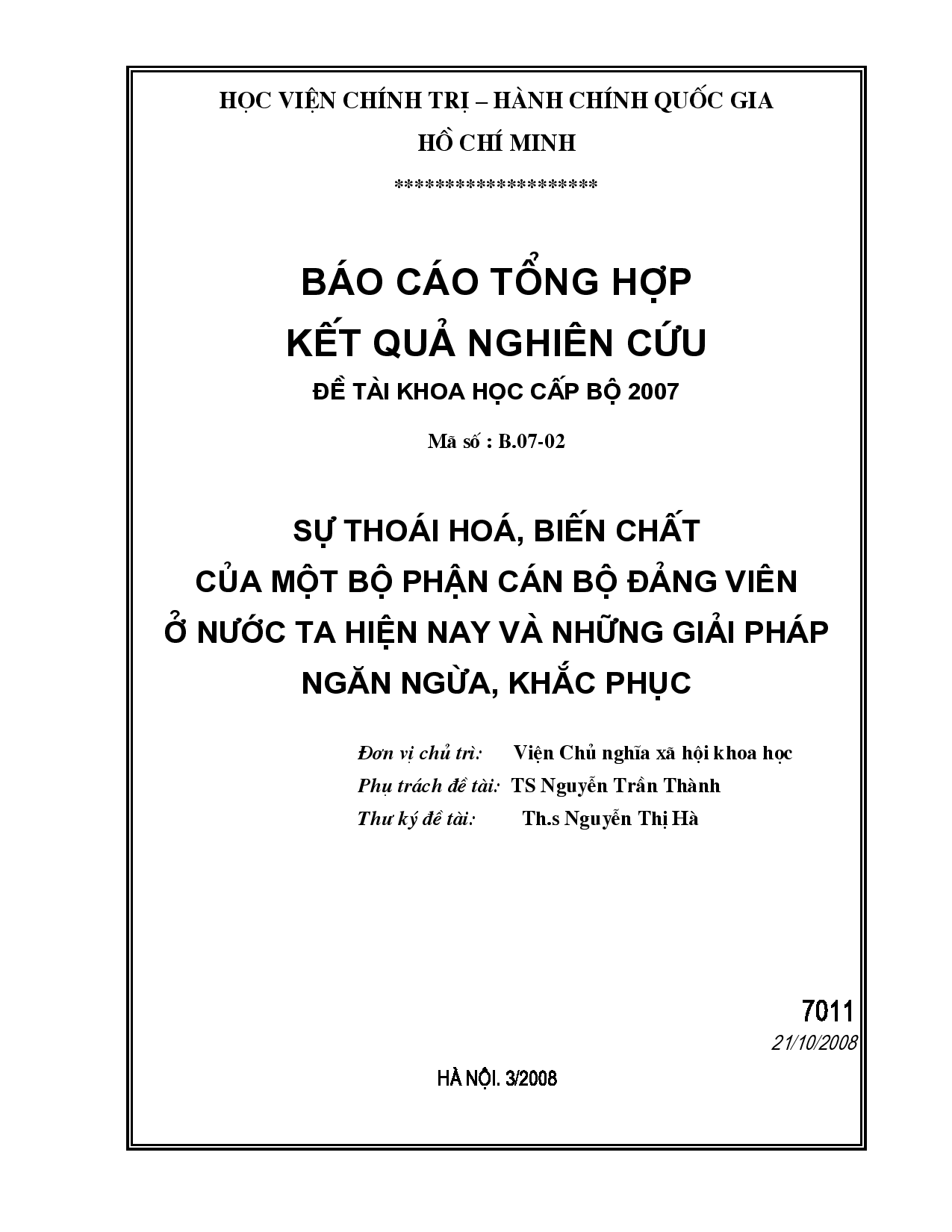 Sự thoái hóa, biến chất của một bộ phận cán bộ Đảng viên ở nước ta hiện nay và những giải pháp ngăn ngừa, khắc phục  