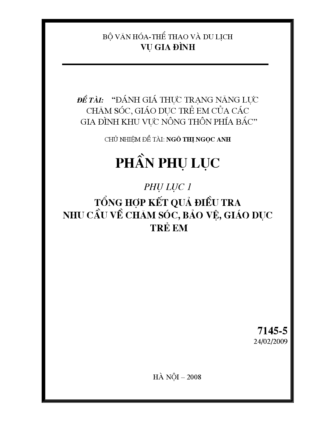 Đánh giá thực trạng năng lực chăm sóc, giáo dục trẻ em của các gia đình khu vực nông thôn phía Bắc  