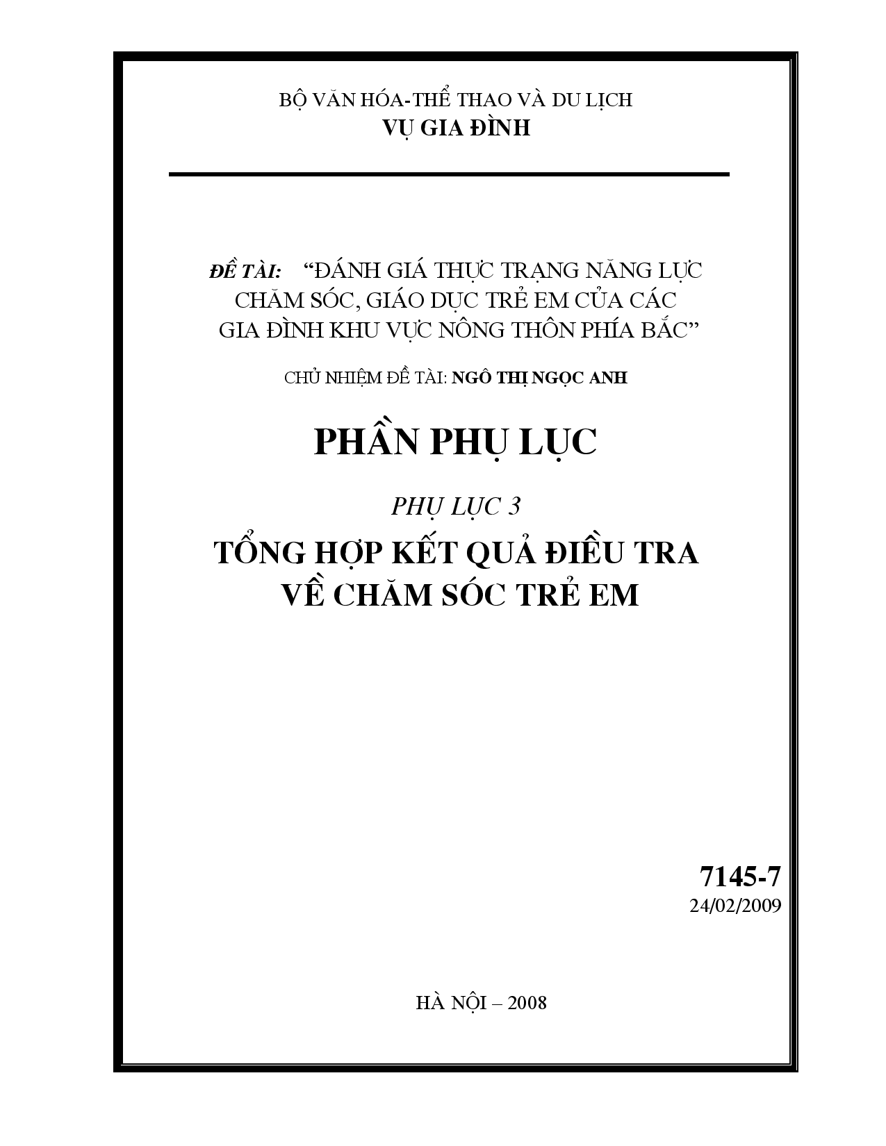 Đánh giá thực trạng năng lực chăm sóc, giáo dục trẻ em của các gia đình khu vực nông thôn phía Bắc  