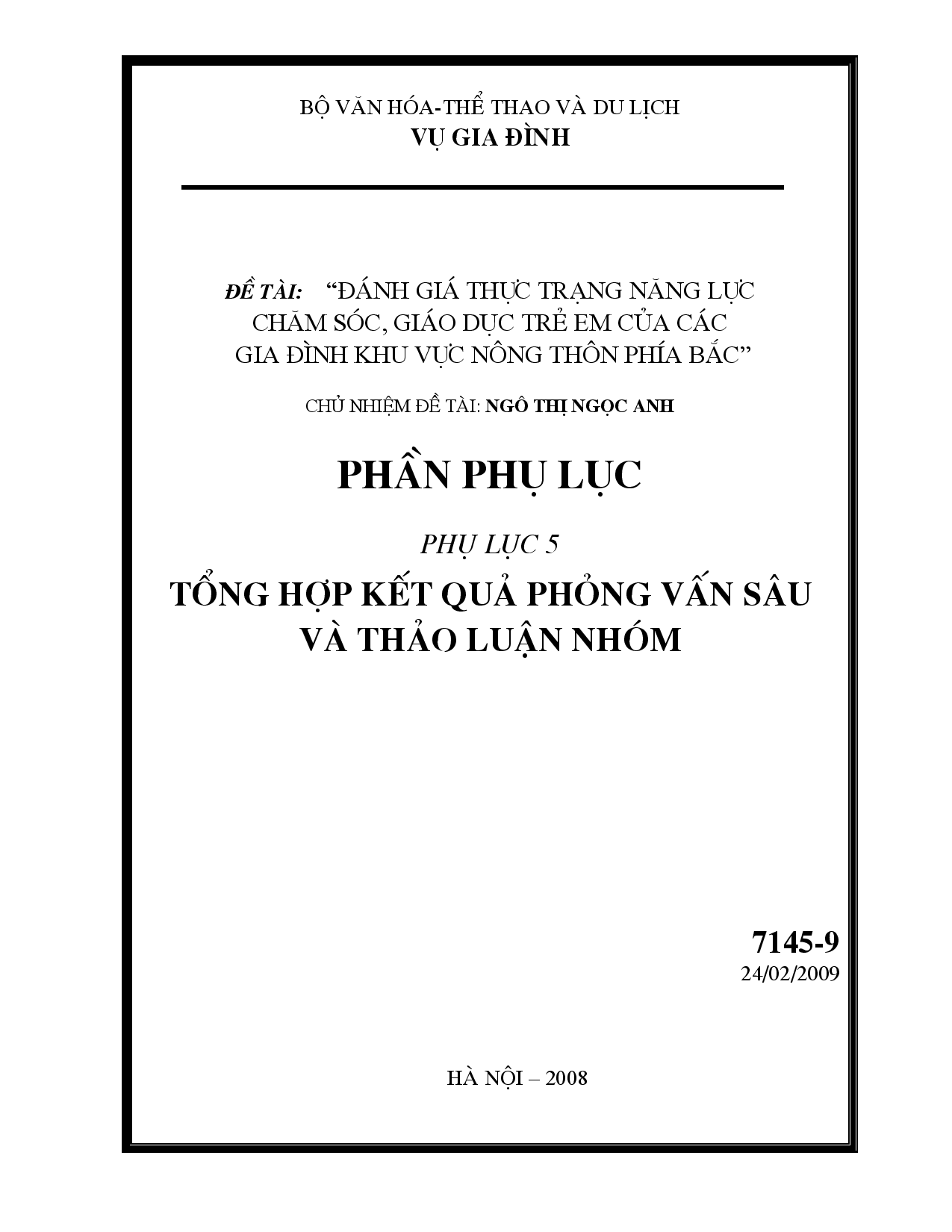 Đánh giá thực trạng năng lực chăm sóc, giáo dục trẻ em của các gia đình khu vực nông thôn phía Bắc  