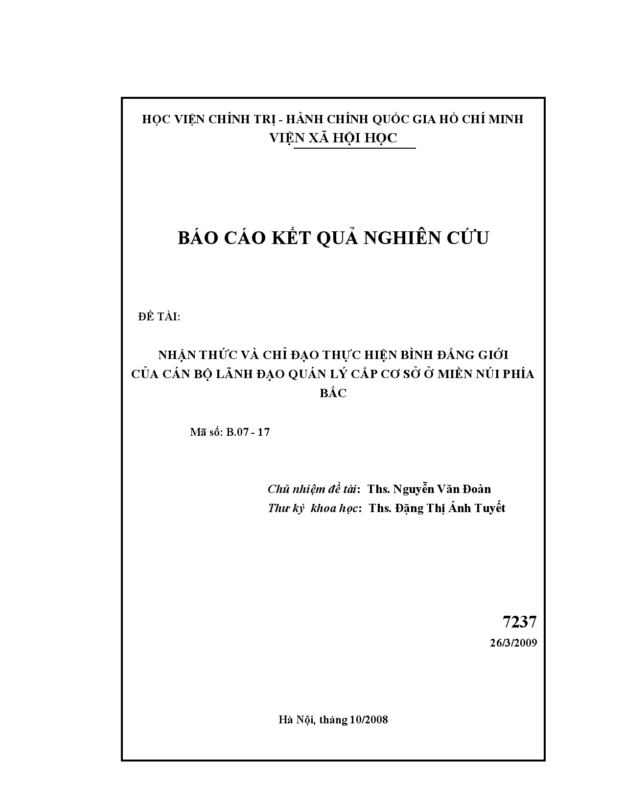 Nhận thức và chỉ đạo thực hiện bình đẳng giới của cán bộ lãnh đạo quản lý cấp cơ sở ở miền núi phía Bắc  