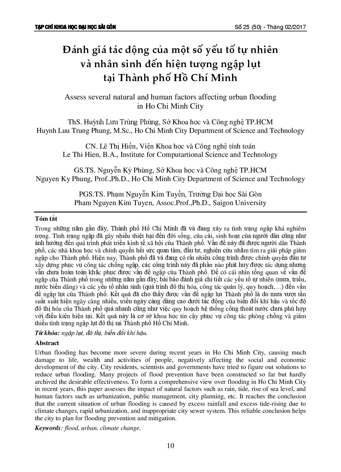 Đánh giá tác động của một số yếu tố tự nhiên và nhân sinh đến hiện tượng ngập lụt tại Thành phố Hồ Chí Minh  