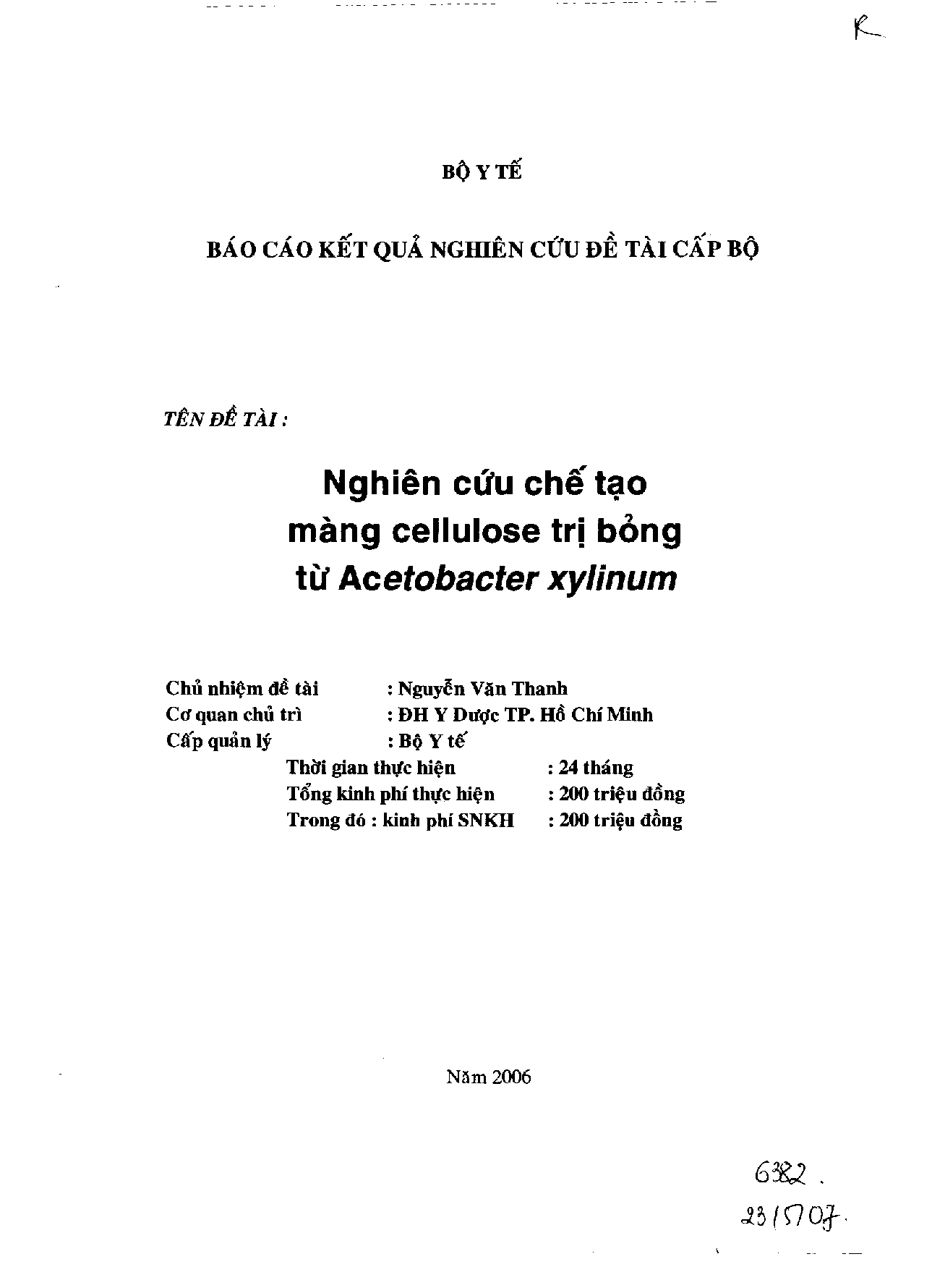 Nghiên cứu chế tạo màng cellulose trị bỏng từ Acetobacter xylinum  