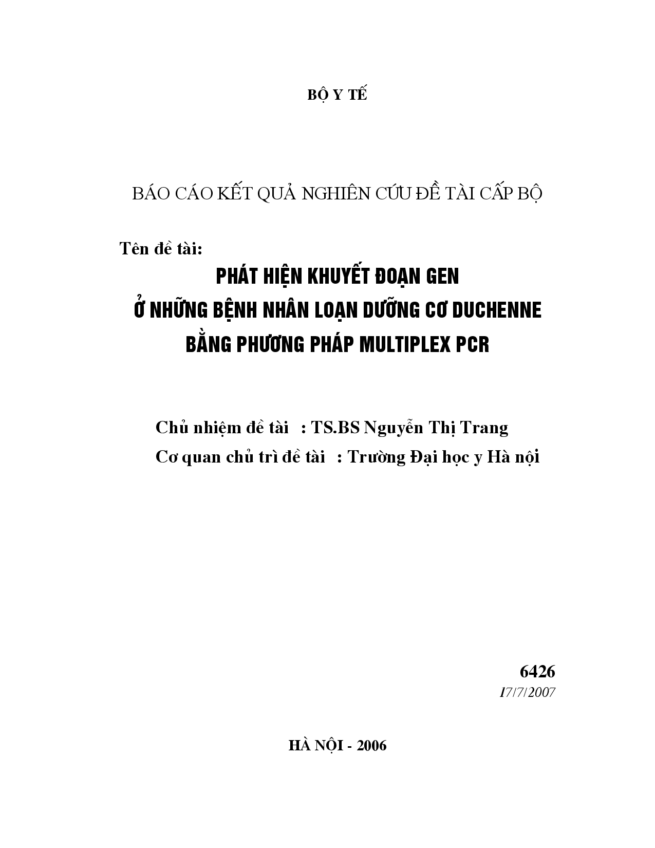 Phát hiện khuyết đoạn gen ở những bệnh nhân loạn dưỡng cơ duchenne bằng phương pháp multiplex PCR  